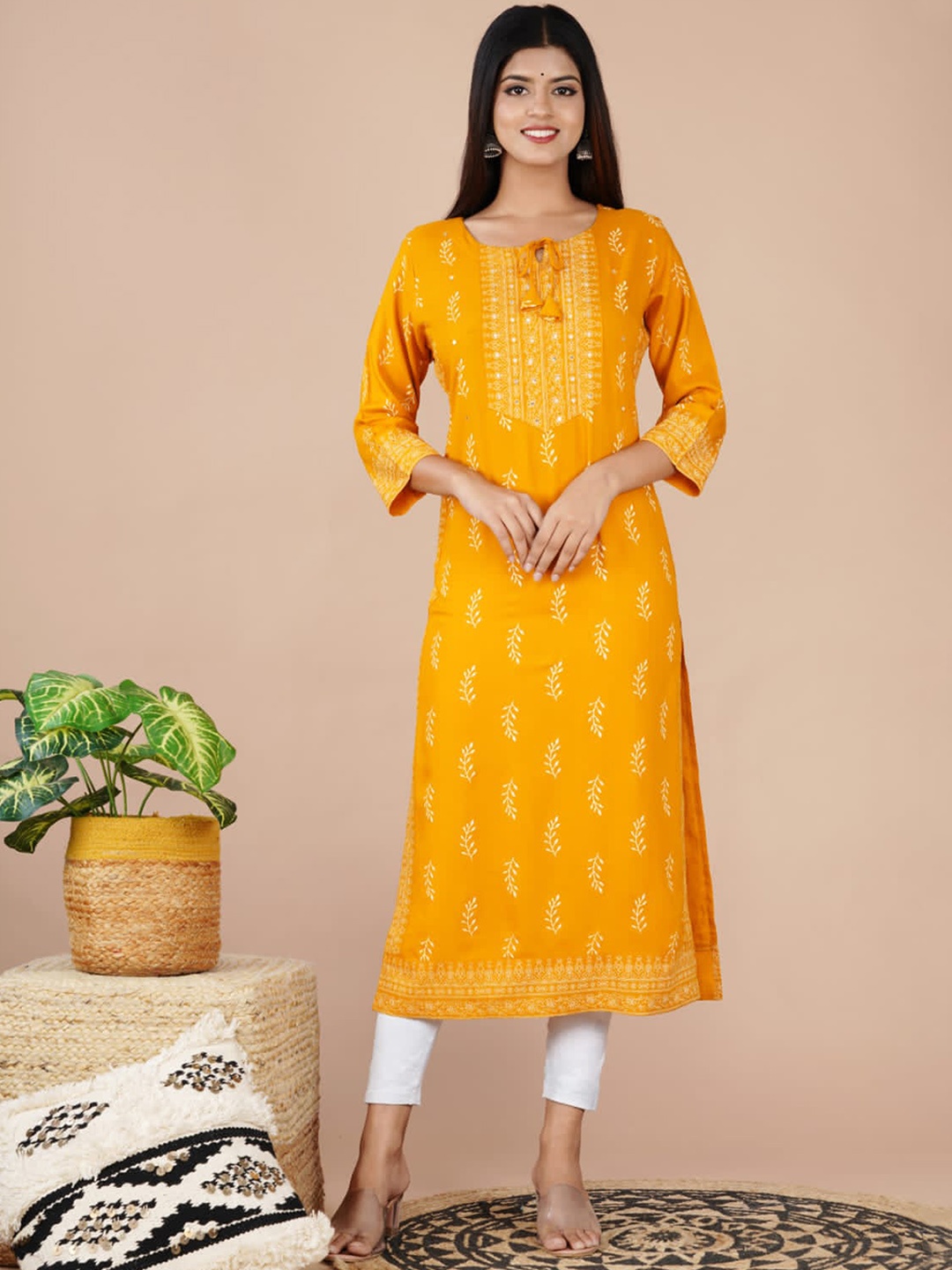 

KALINI Floral Printed Tie Up Neck Mirror Work Pure Cotton Straight Kurta, Yellow