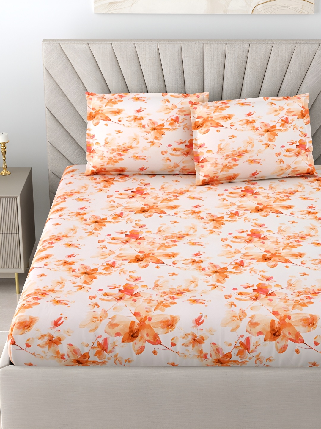 

BOMBAY DYEING Yellow & White Floral Cotton 144 TC King Bedsheet with 2 Pillow Covers