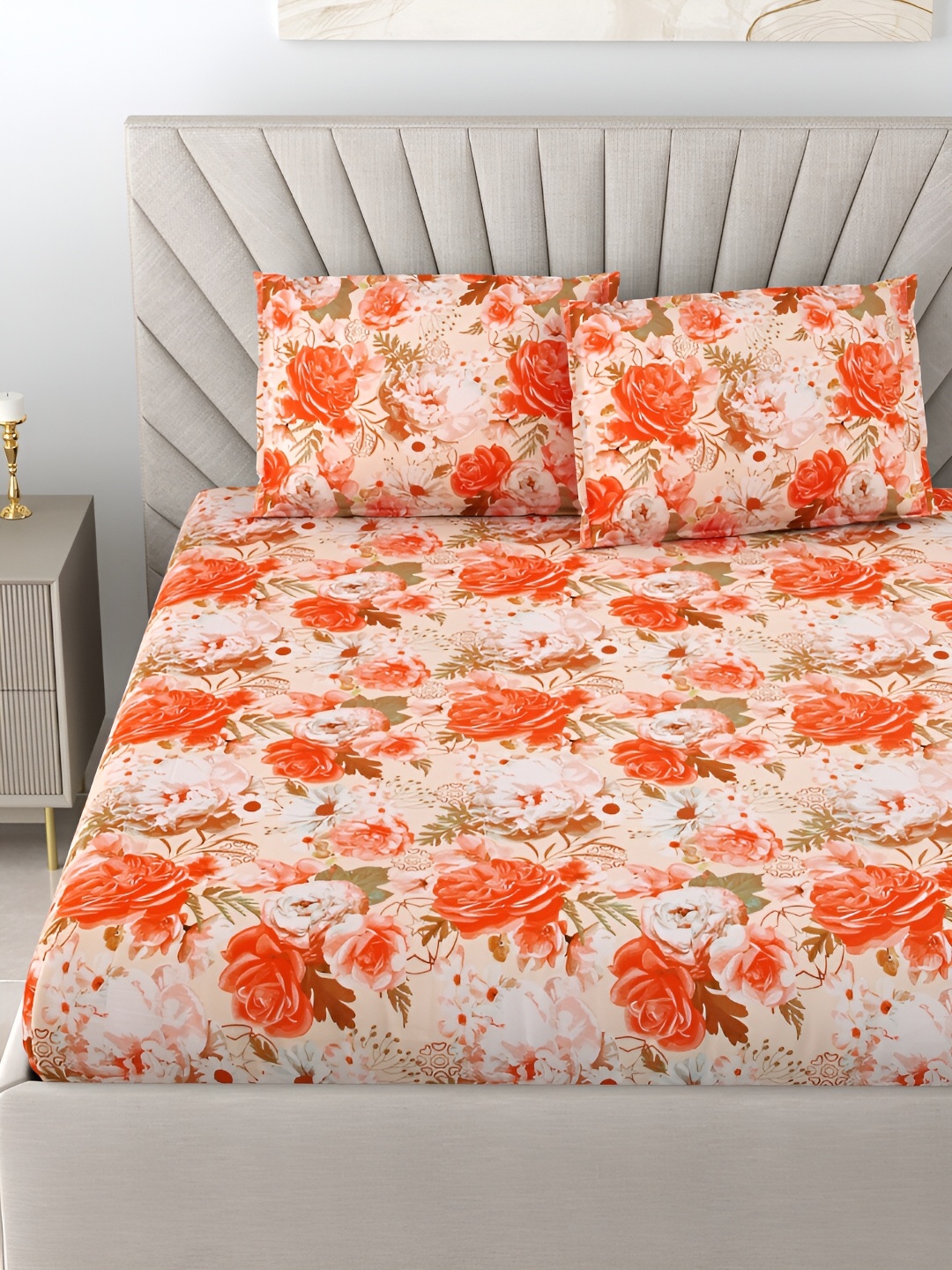 

BOMBAY DYEING Orange & White Floral Cotton 144 TC King Bedsheet with 2 Pillow Covers
