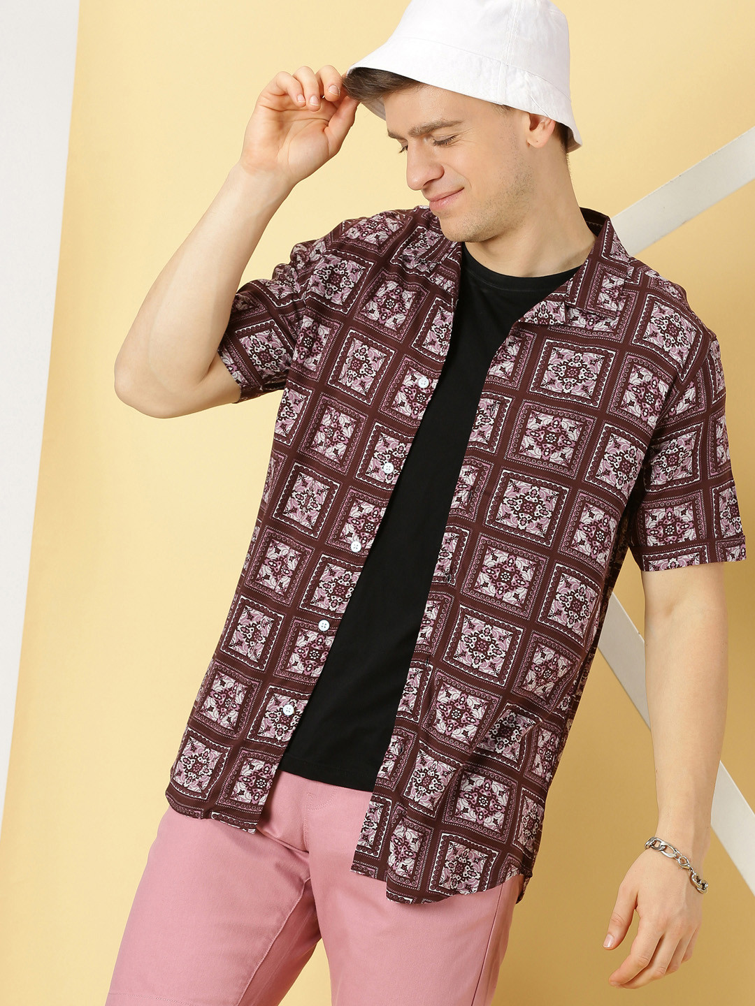 

Thomas Scott Classic Ethnic Motifs Printed Cuban Collar Casual Shirt, Maroon