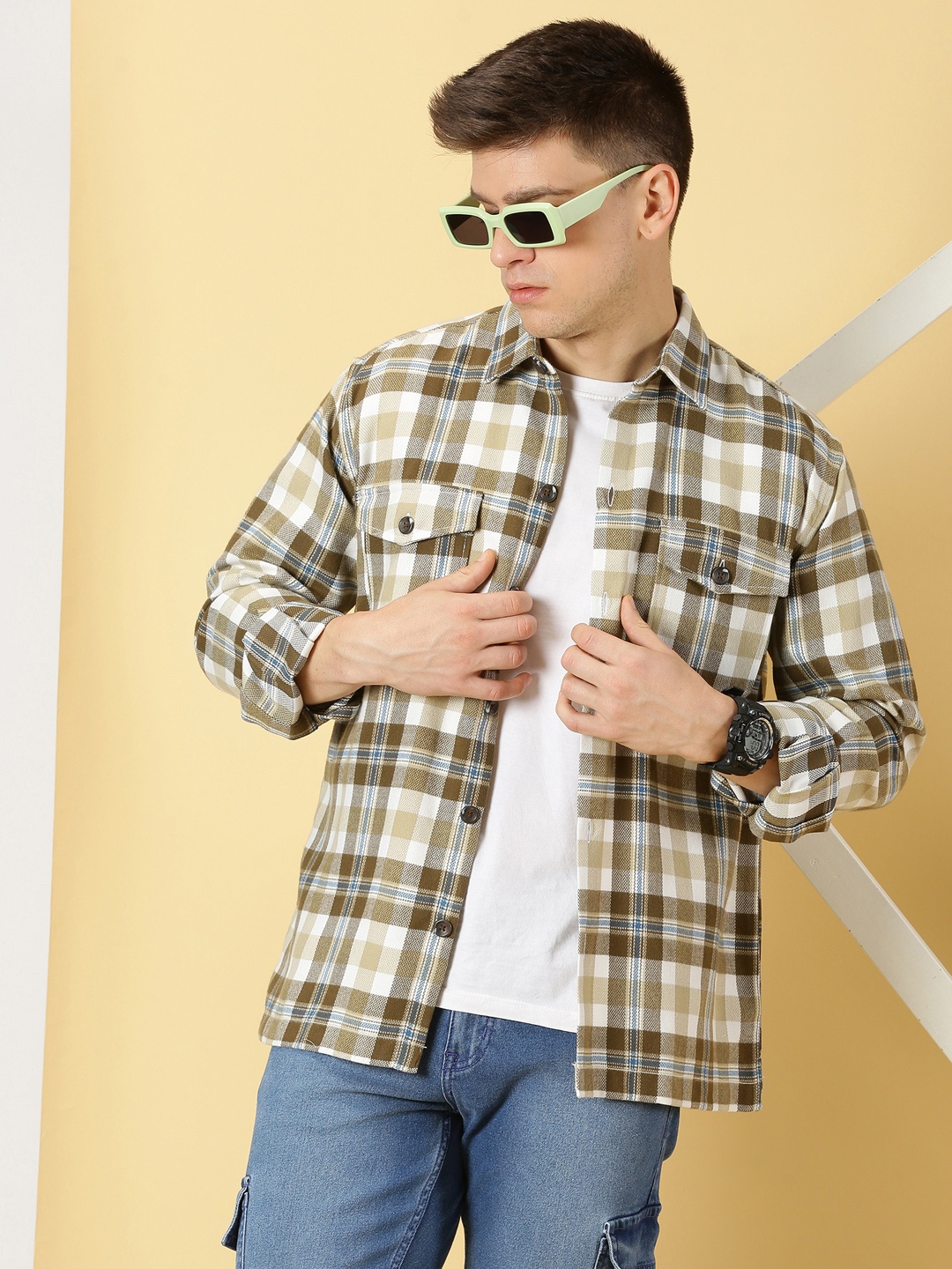 

Thomas Scott Tartan Checks Spread Collar Premium Flannel Oversized Shackets, Beige