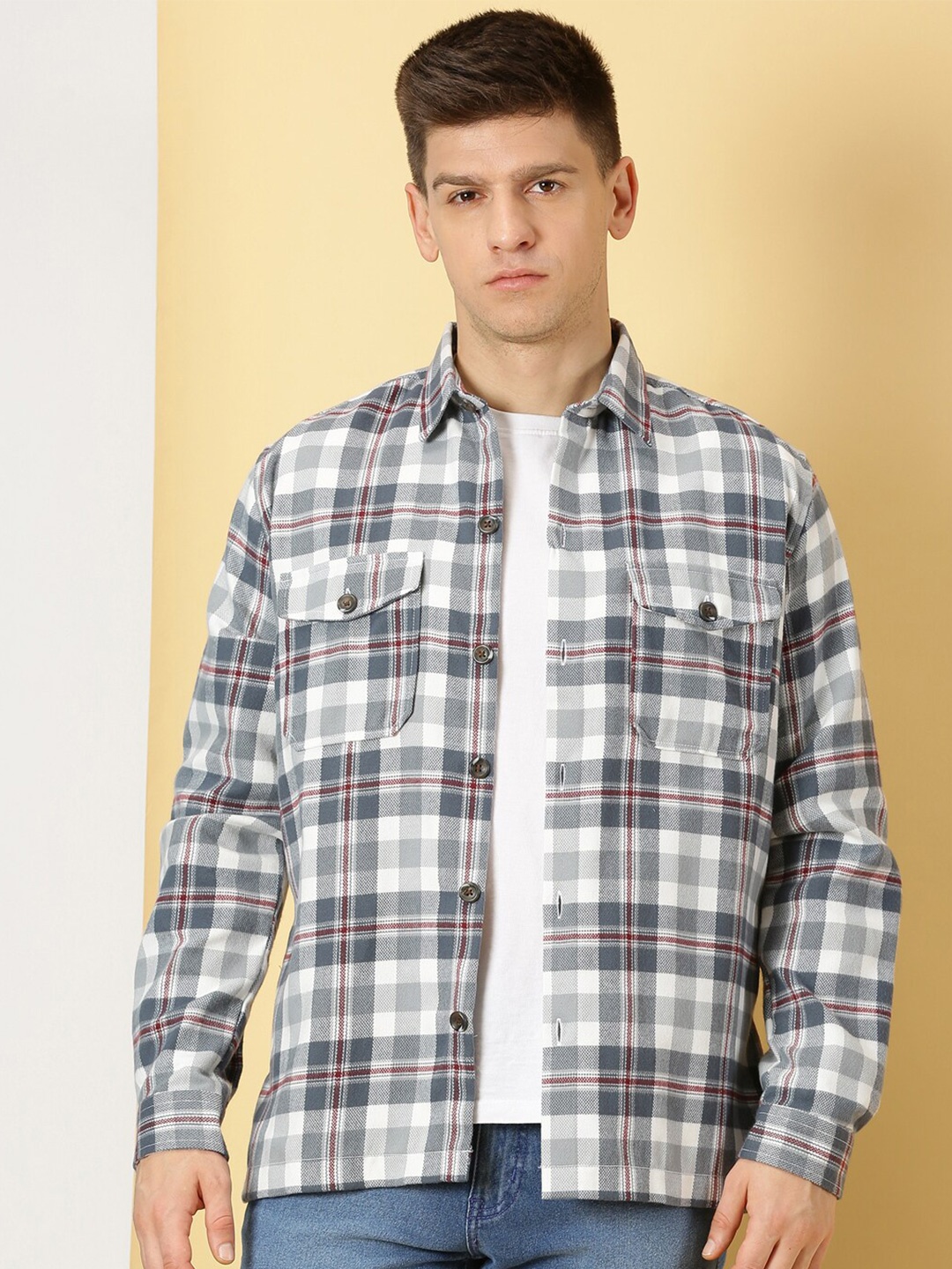 

Thomas Scott Checked Cotton Premium Flannel Oversized Shackets, Grey