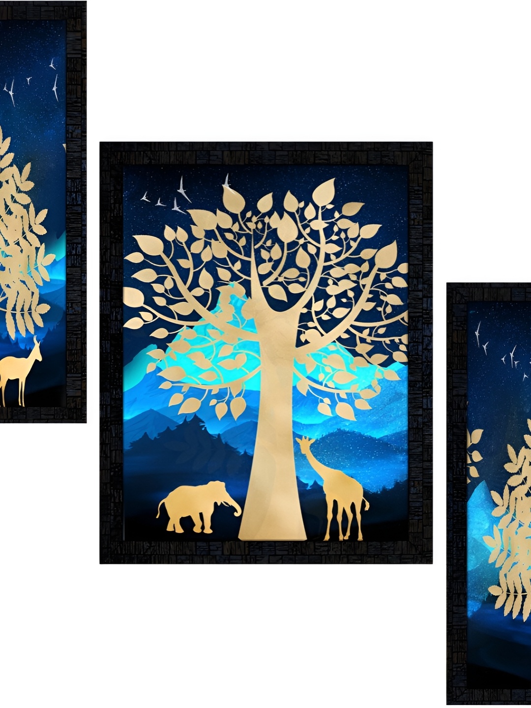 

PnF Charcoal & Blue 3 Pieces Birds and Animals Wooden Painting Wall Art