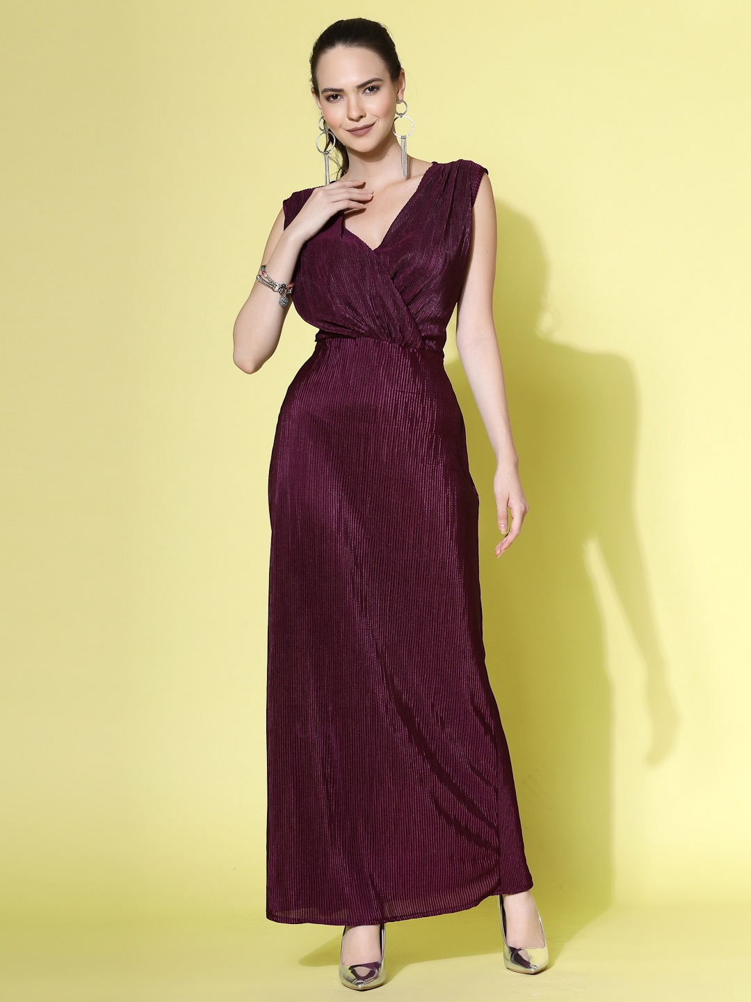 

KALINI V-Neck Sleeveless Gathered Satin Maxi Dress, Purple