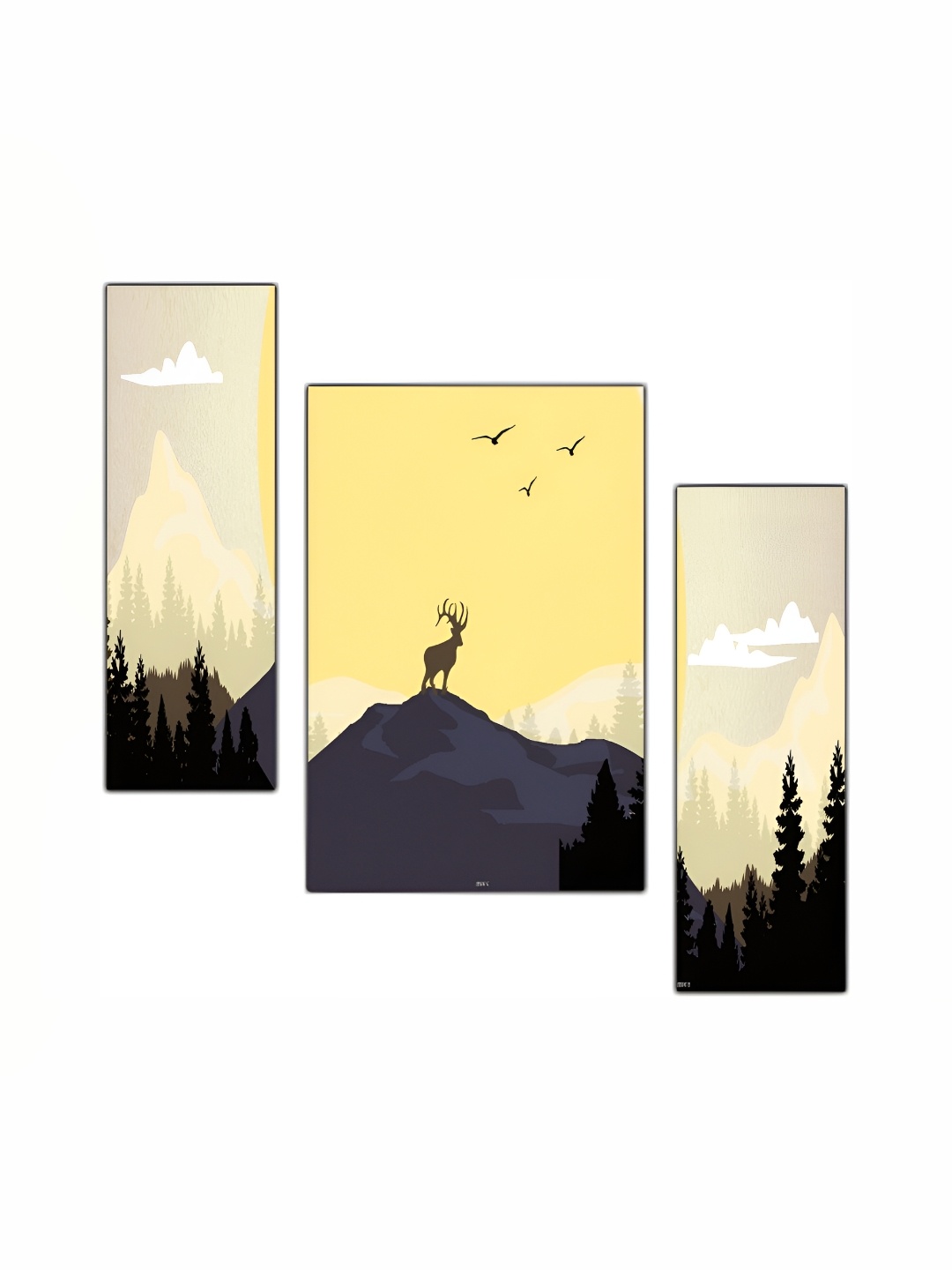 

PnF Black & Yellow 3Pcs Wooden Birds And Animals Wall Arts