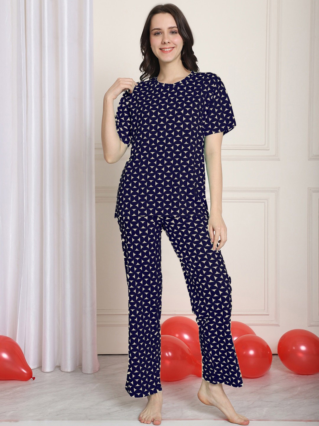 

Kanvin Geometric Printed Modal Night suit, Navy blue