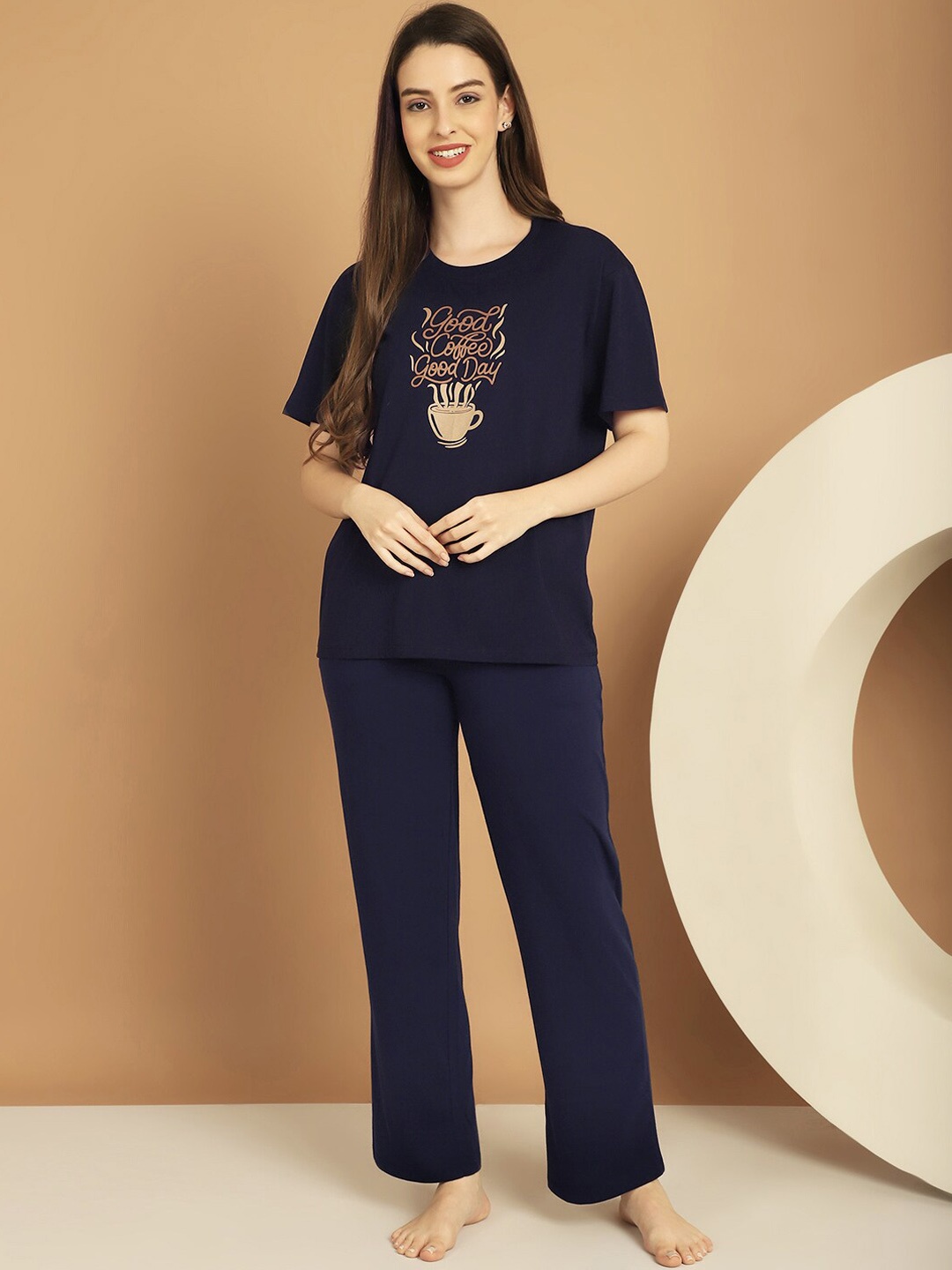 

Kanvin Graphic Printed Modal Night suit, Navy blue