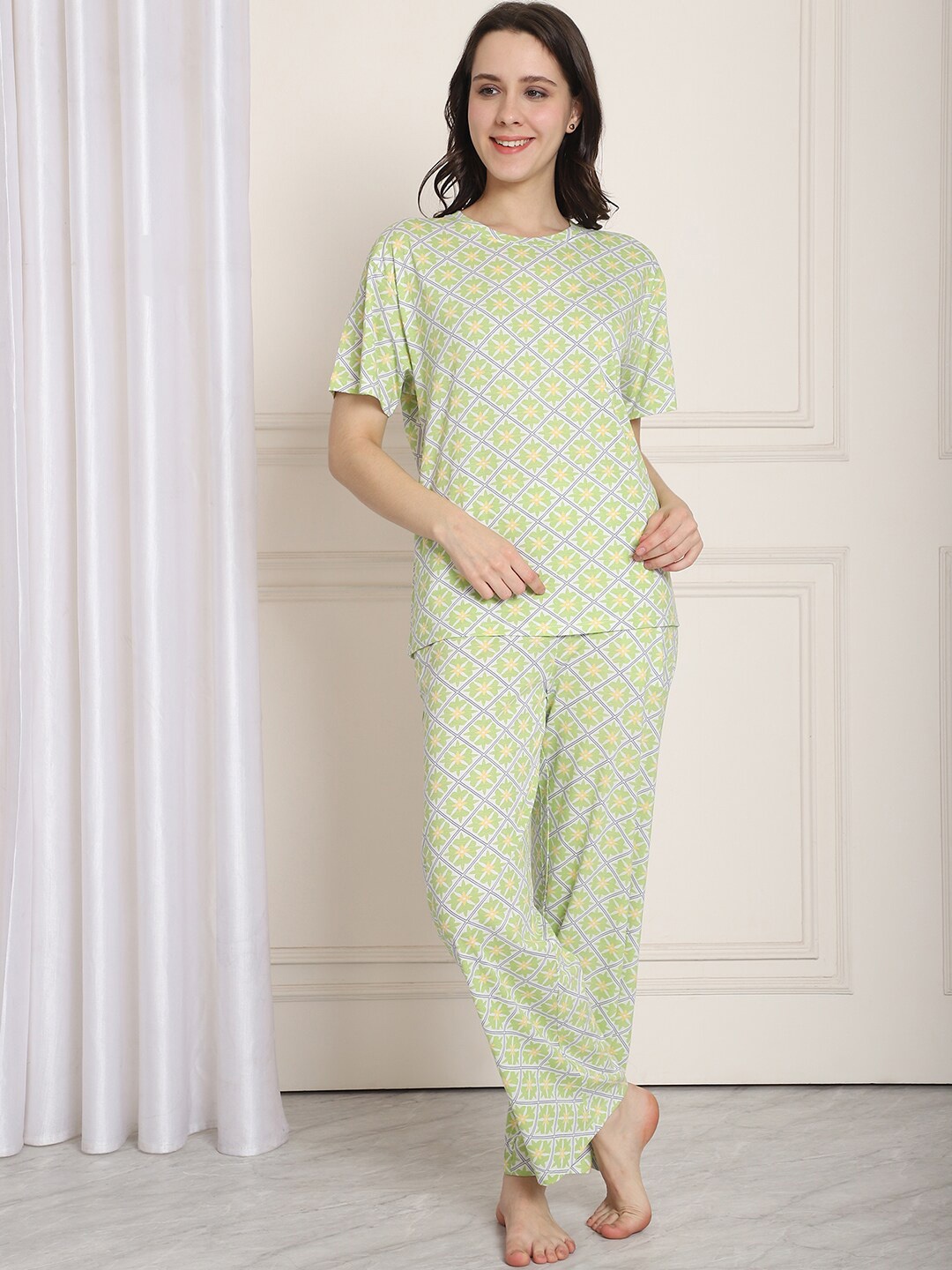 

Kanvin Lime Green Ethnic Motifs Printed Modal Cotton Night Suit