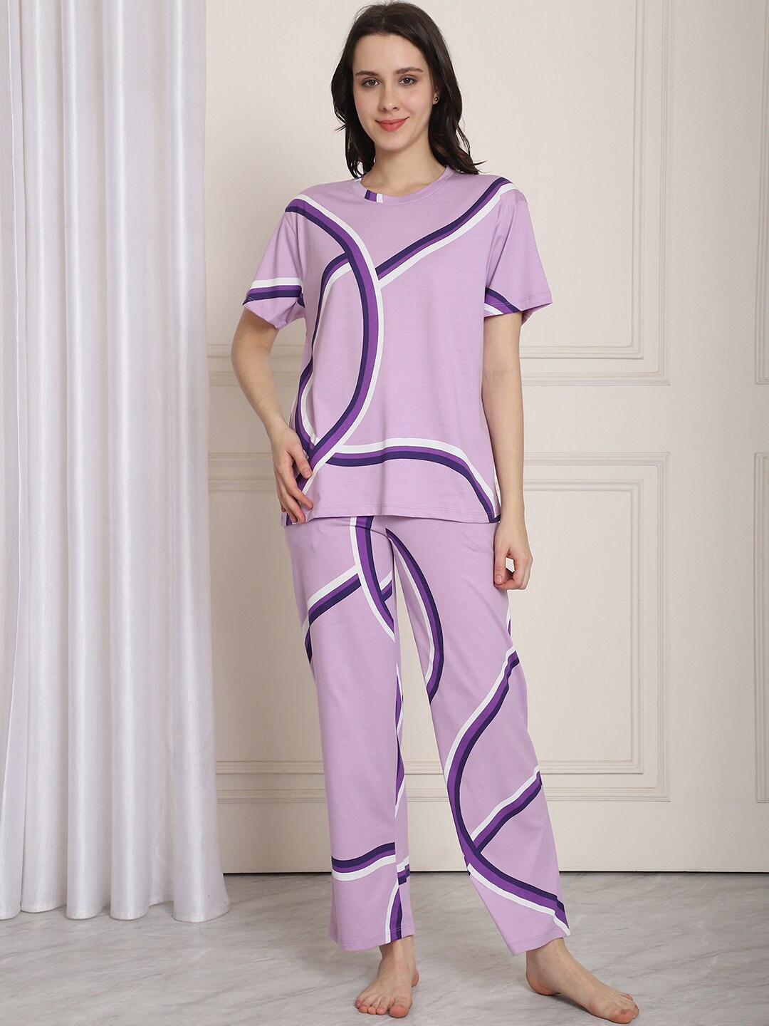 

Kanvin Geometric Printed Pure Cotton Night suit, Violet