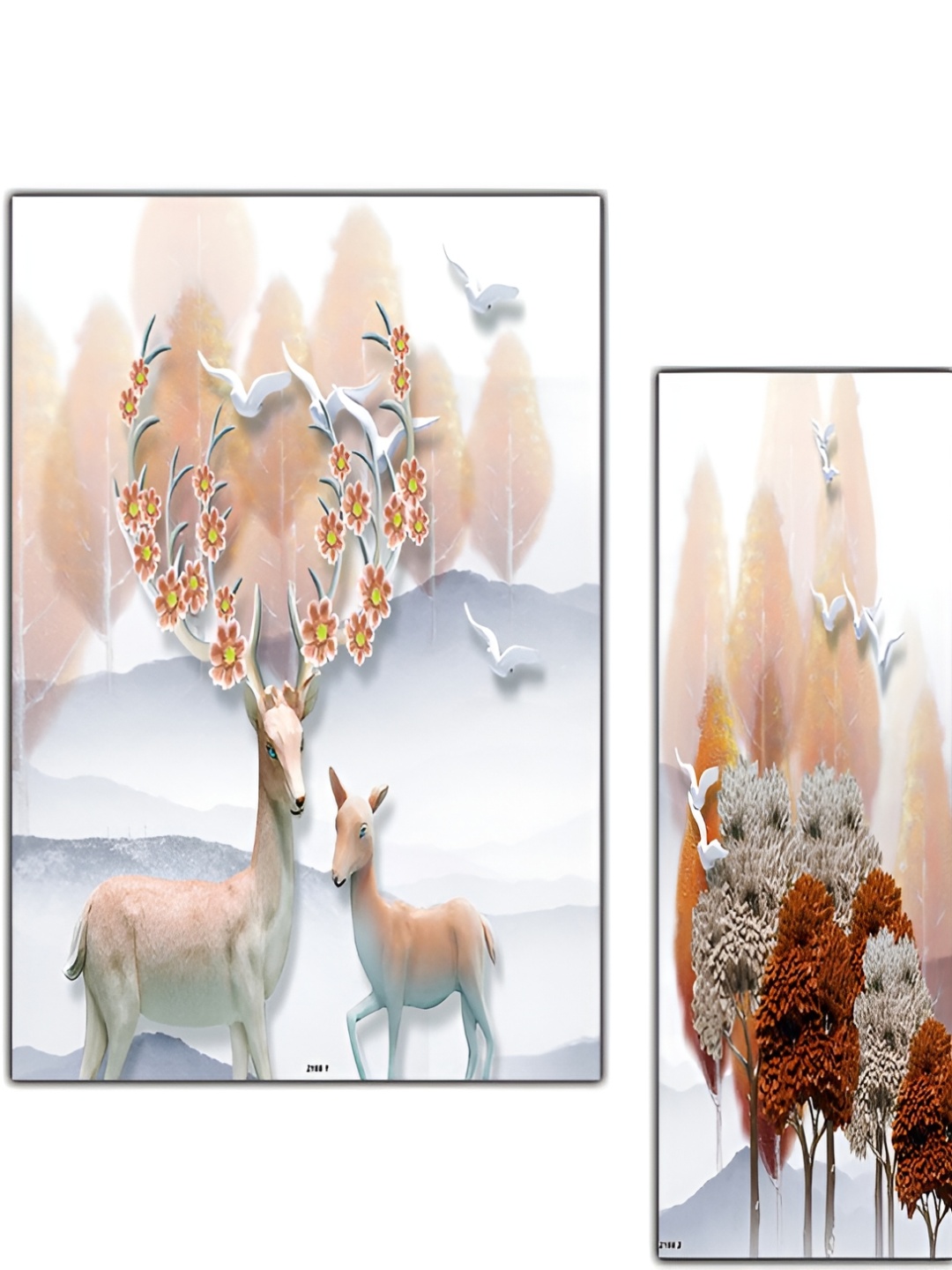 

PnF White & Grey 3Pcs Wooden Birds And Animals Wall Paintings