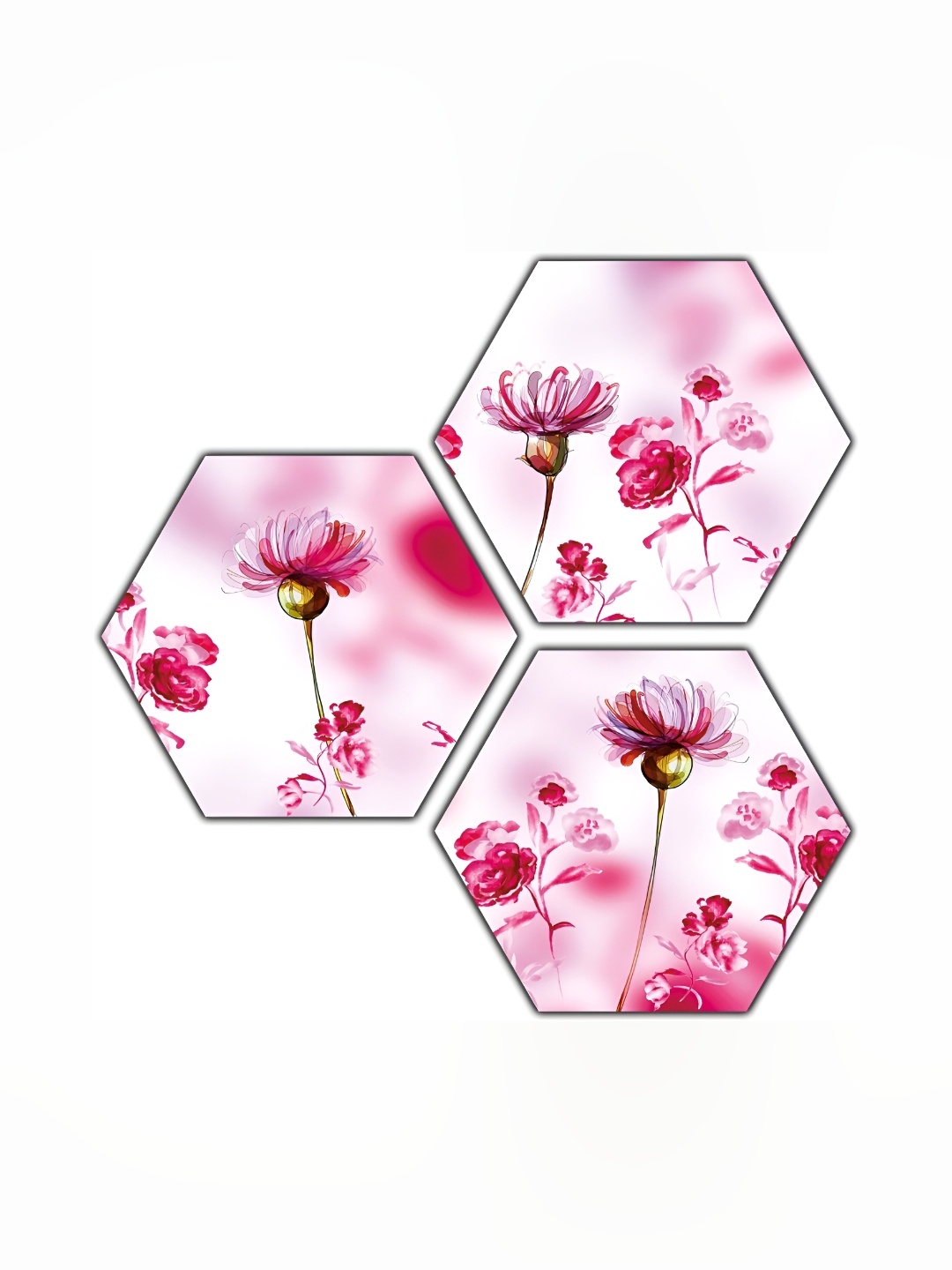 

PnF White & Pink 3 Pieces Floral Painting Hexagonal Wooden Wall Arts