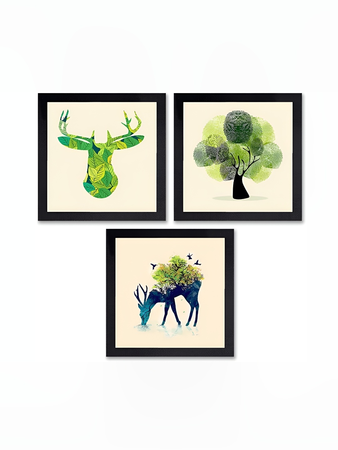 PnF Black & Green 3 Pieces Paper Birds and Animals Wall Painting