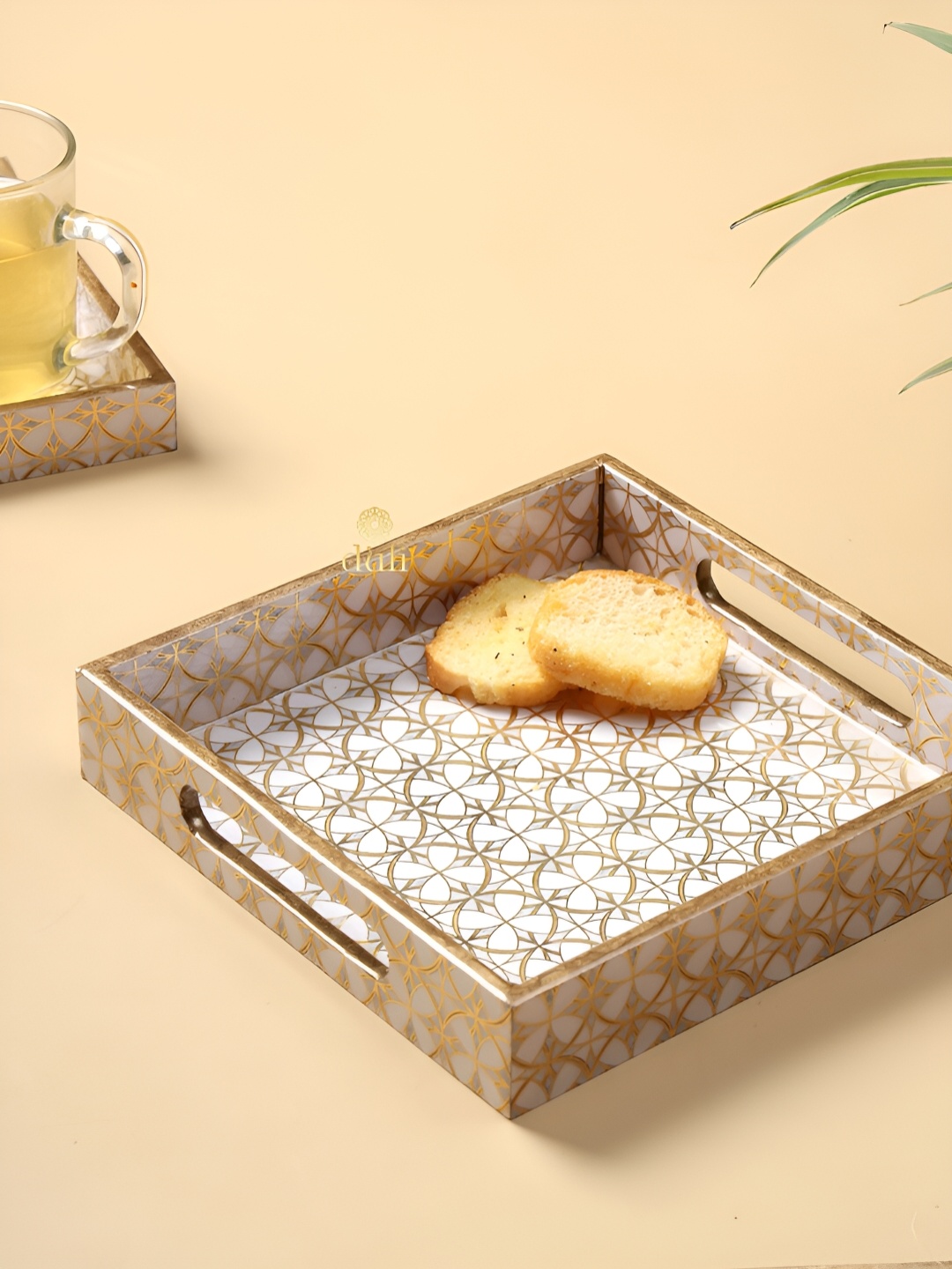 

DULI White & Beige Printed Square Wooden Serving Tray