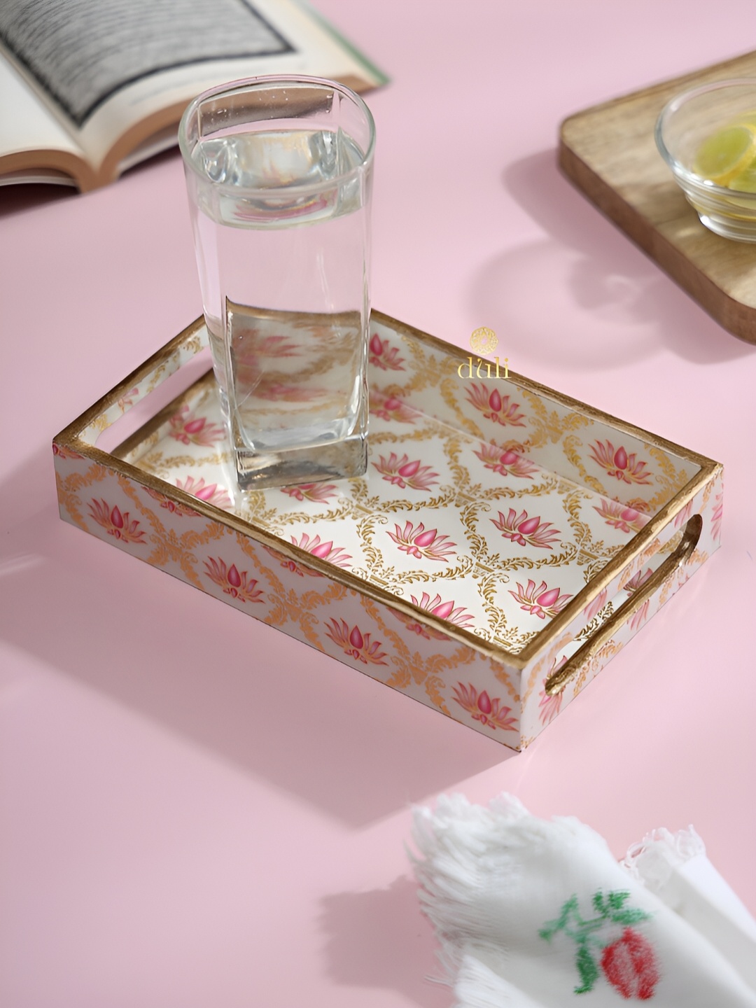 

DULI White & Pink Floral Printed Rectangle Wooden Serving Tray