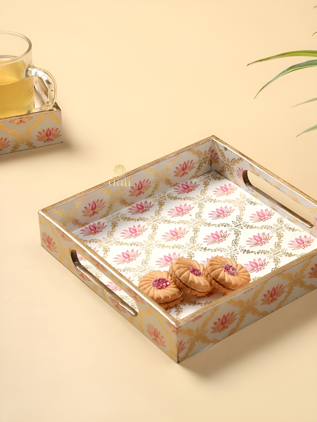 

DULI White & Pink Floral Printed Square Wooden Serving Tray