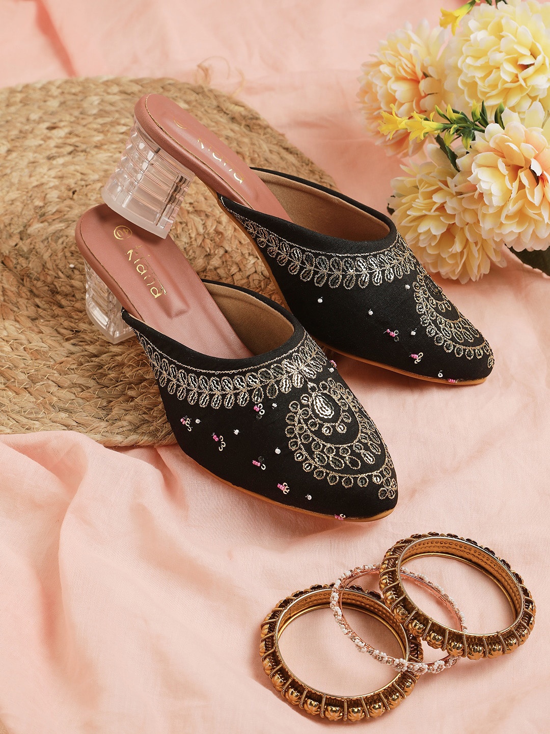

Kiana House Of Fashion Embellished Pointed Toe Block Heeled Pumps, Black