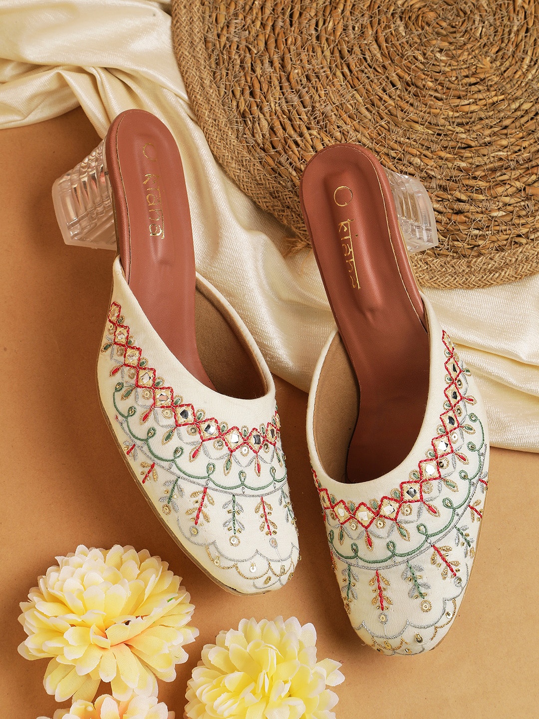 

Kiana Embroidered Block Heeled Mules, White