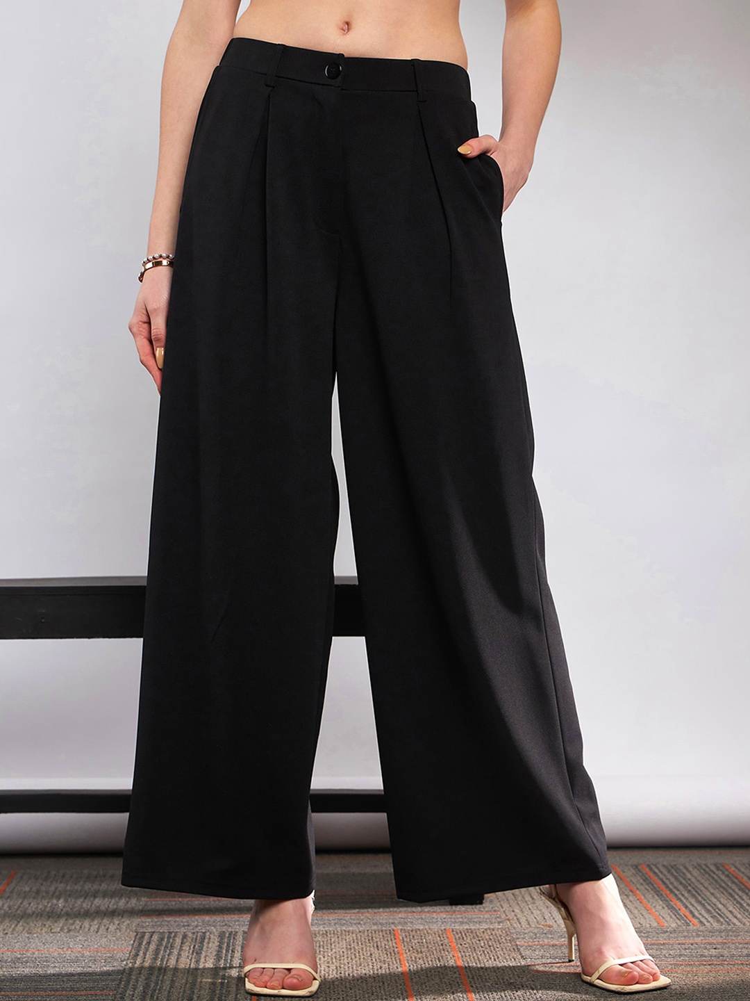 

SASSAFRAS Women Black Flared High-Rise Pleated Parallel Trousers