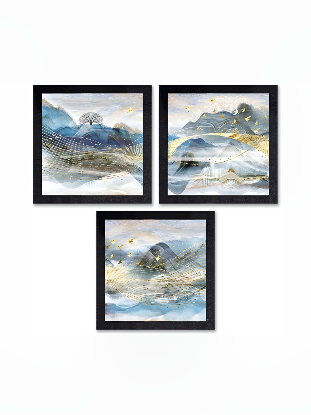 

PnF Black & Blue 3 Pieces Paper Floral and Botanical Wall Painting
