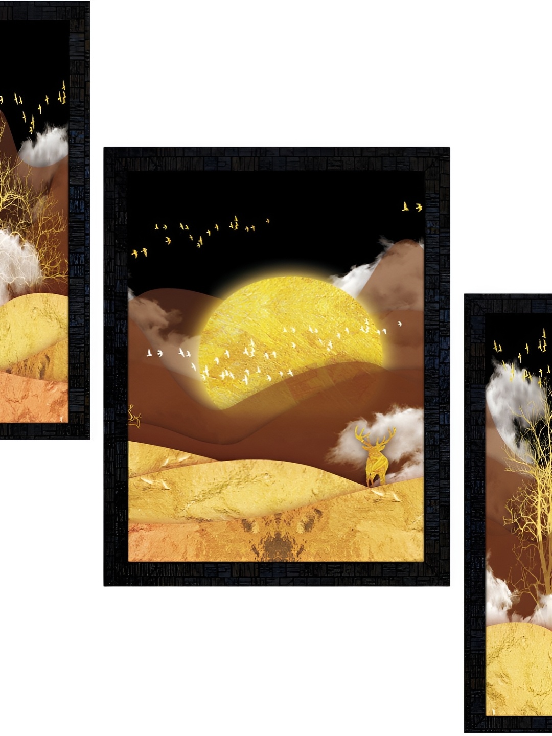 

PnF Yellow & Brown 3 Pieces Birds and Animals Wooden Painting Wall Art