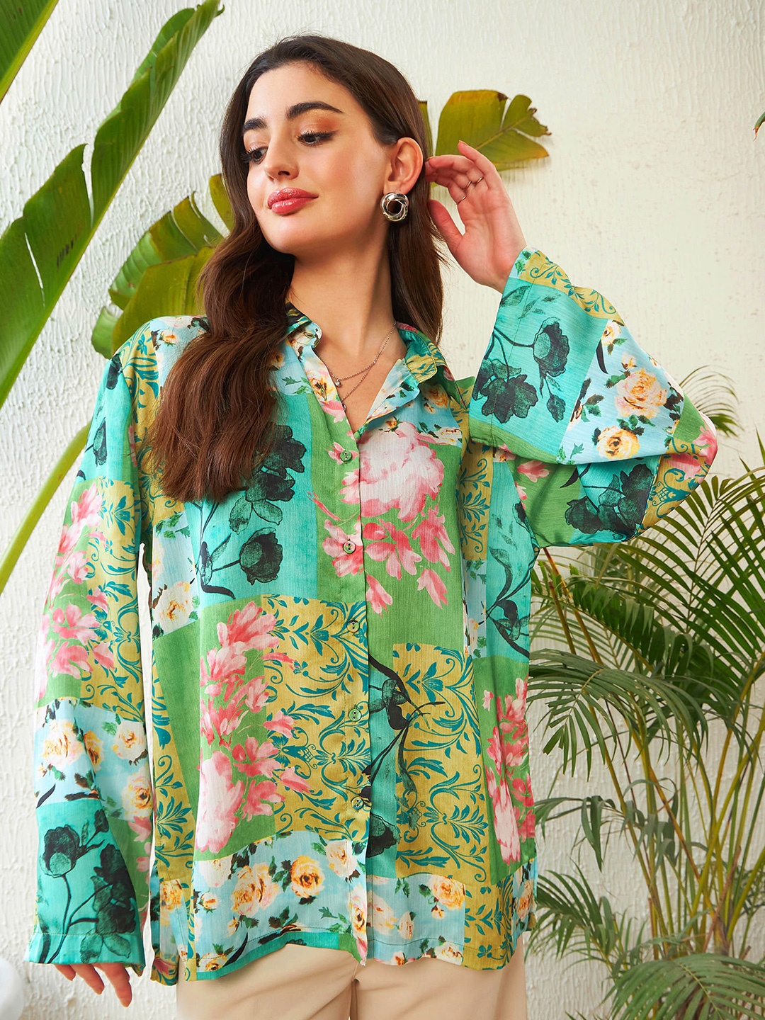 

SASSAFRAS Green Floral Printed Spread Collar Satin Oversized Casual Shirt