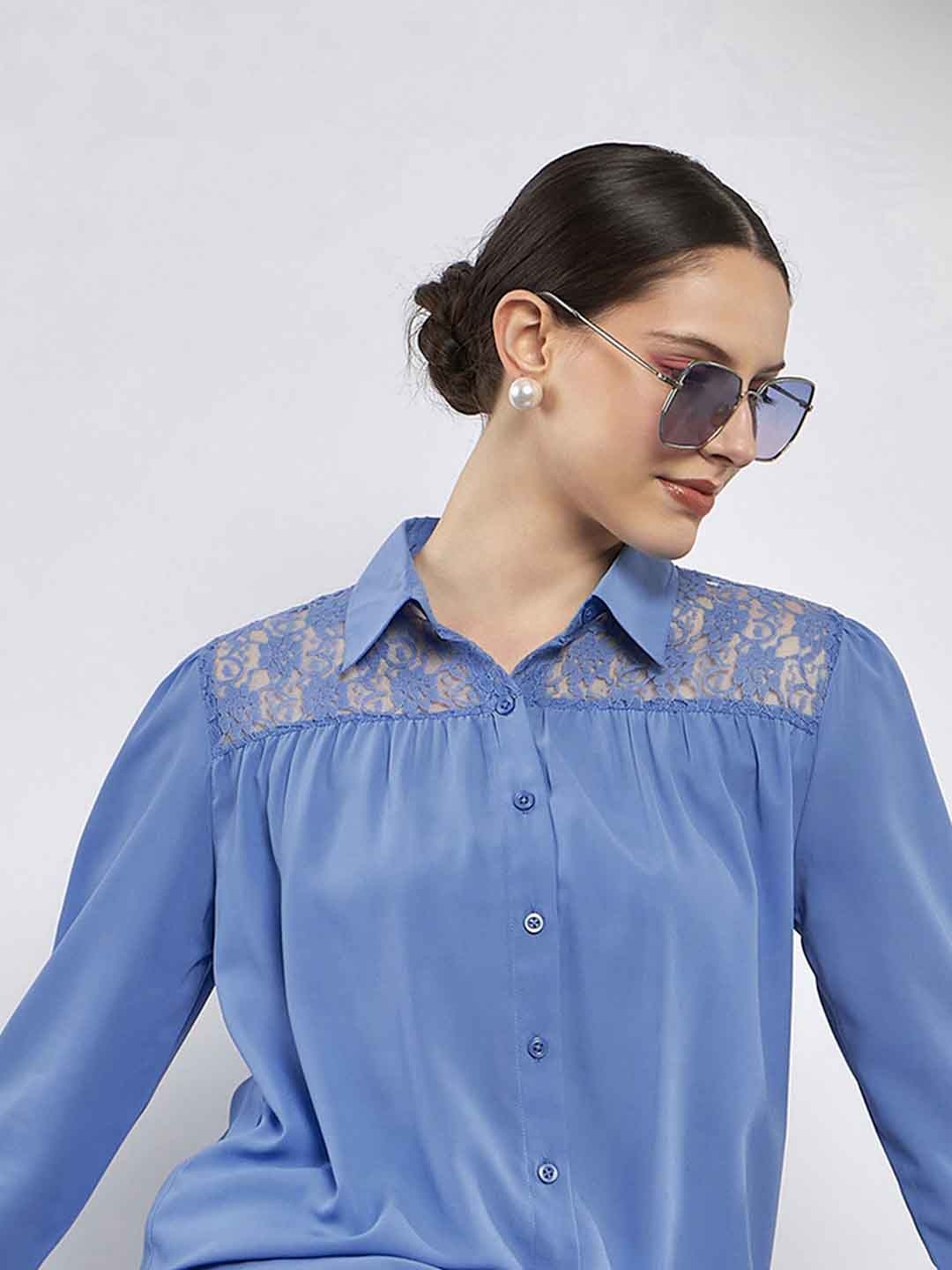 

SASSAFRAS Shirt Collar Georgette Shirt Style Top, Blue