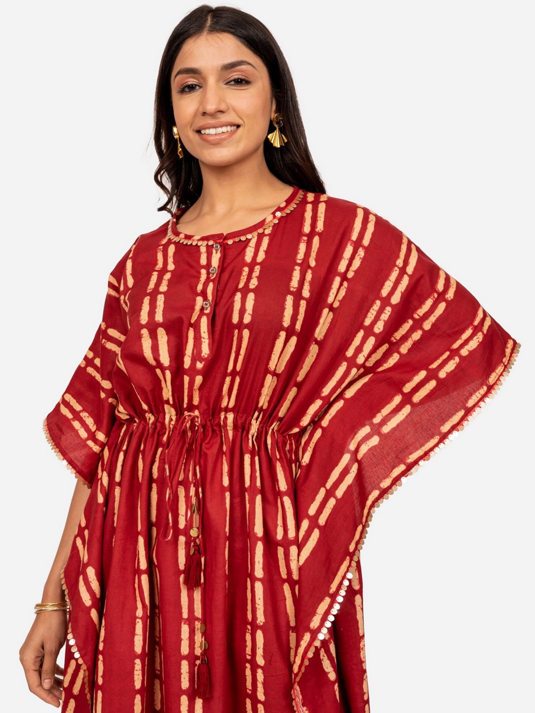 

INDIE JHOLA Print Kimono Sleeve Pure Cotton Kaftan Dress, Maroon