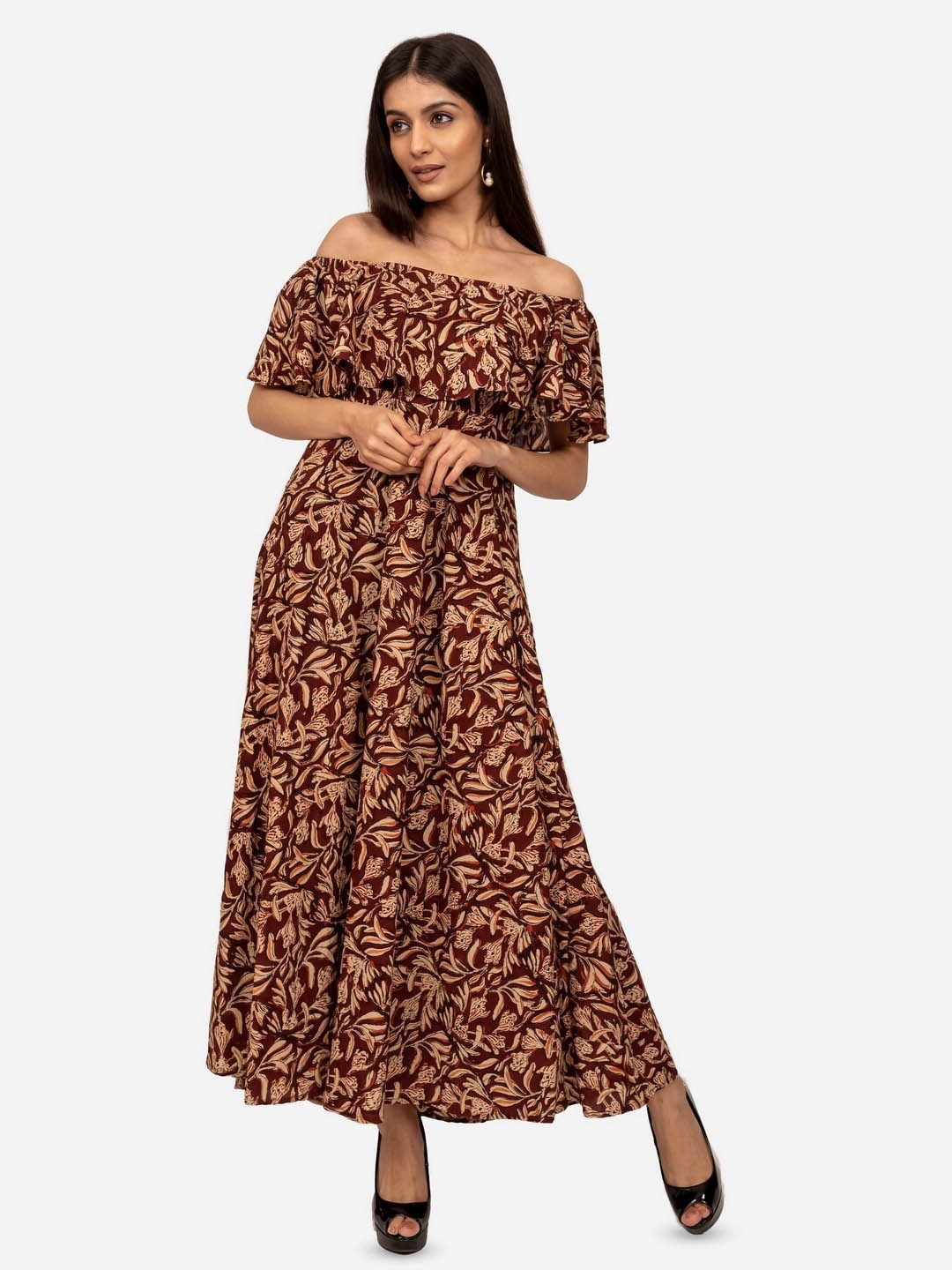 

INDIE JHOLA Floral Printed Off-Shoulder Flutter Sleeves Pure Cotton Fit & Flare Midi Dress, Brown