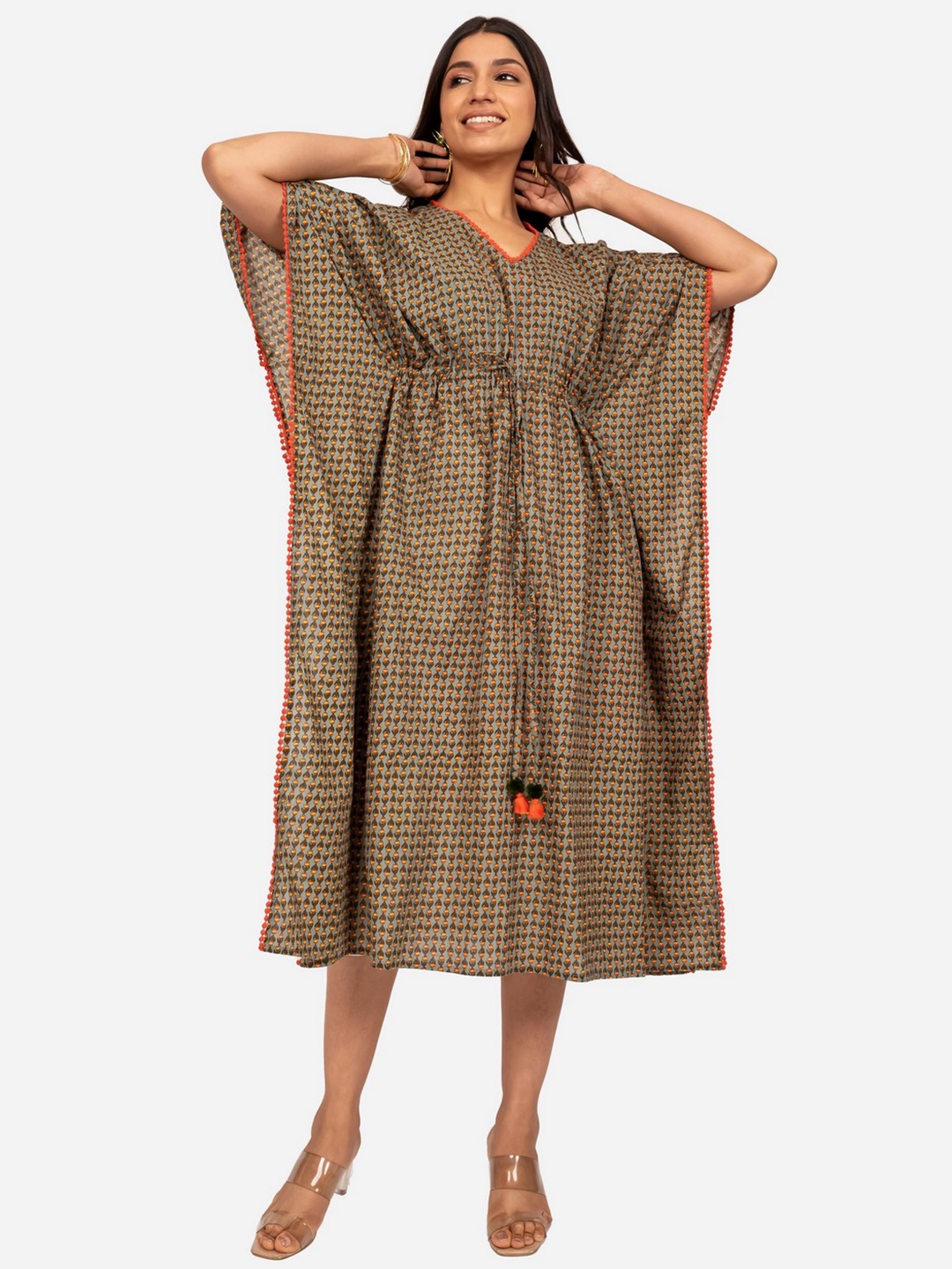

INDIE JHOLA Floral Printed V-Neck Gathered Detailed Pure Cotton Kaftan Midi Dress, Grey