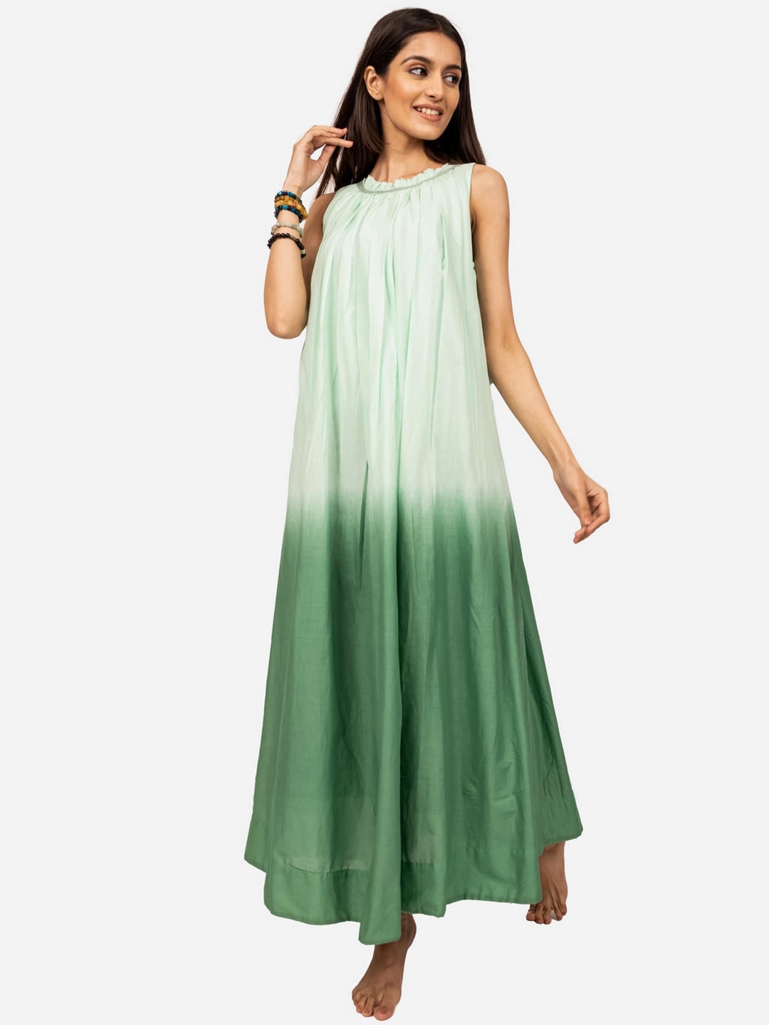 

INDIE JHOLA Tie and Dye Sleeveless Cotton Maxi Dress, Green