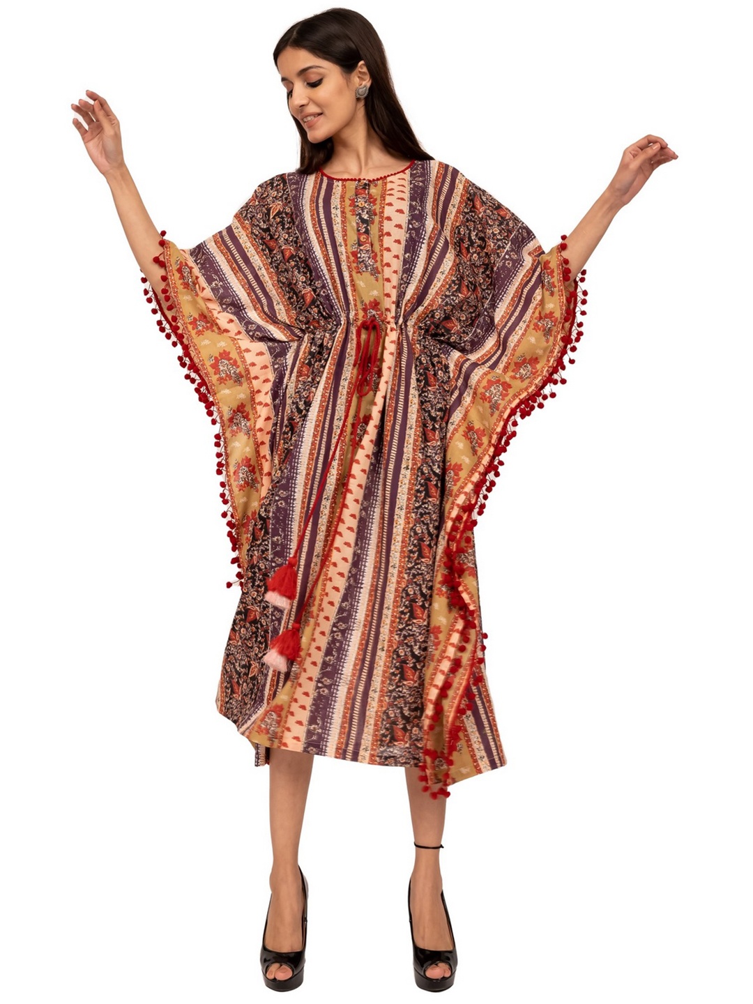 

INDIE JHOLA Floral Printed Round Neck Kimono Sleeve Cotton Kaftan Midi Dress, Brown