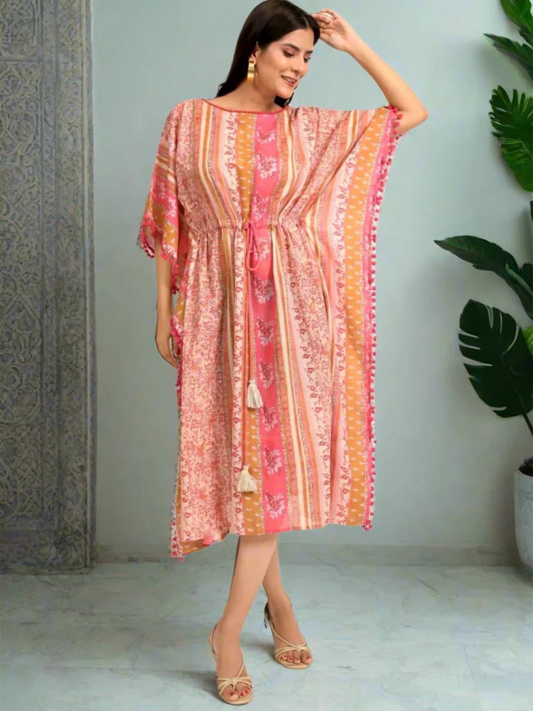 

INDIE JHOLA Ethnic Motifs Printed Gathered Detailed Pure Cotton Kaftan Midi Dress, Pink