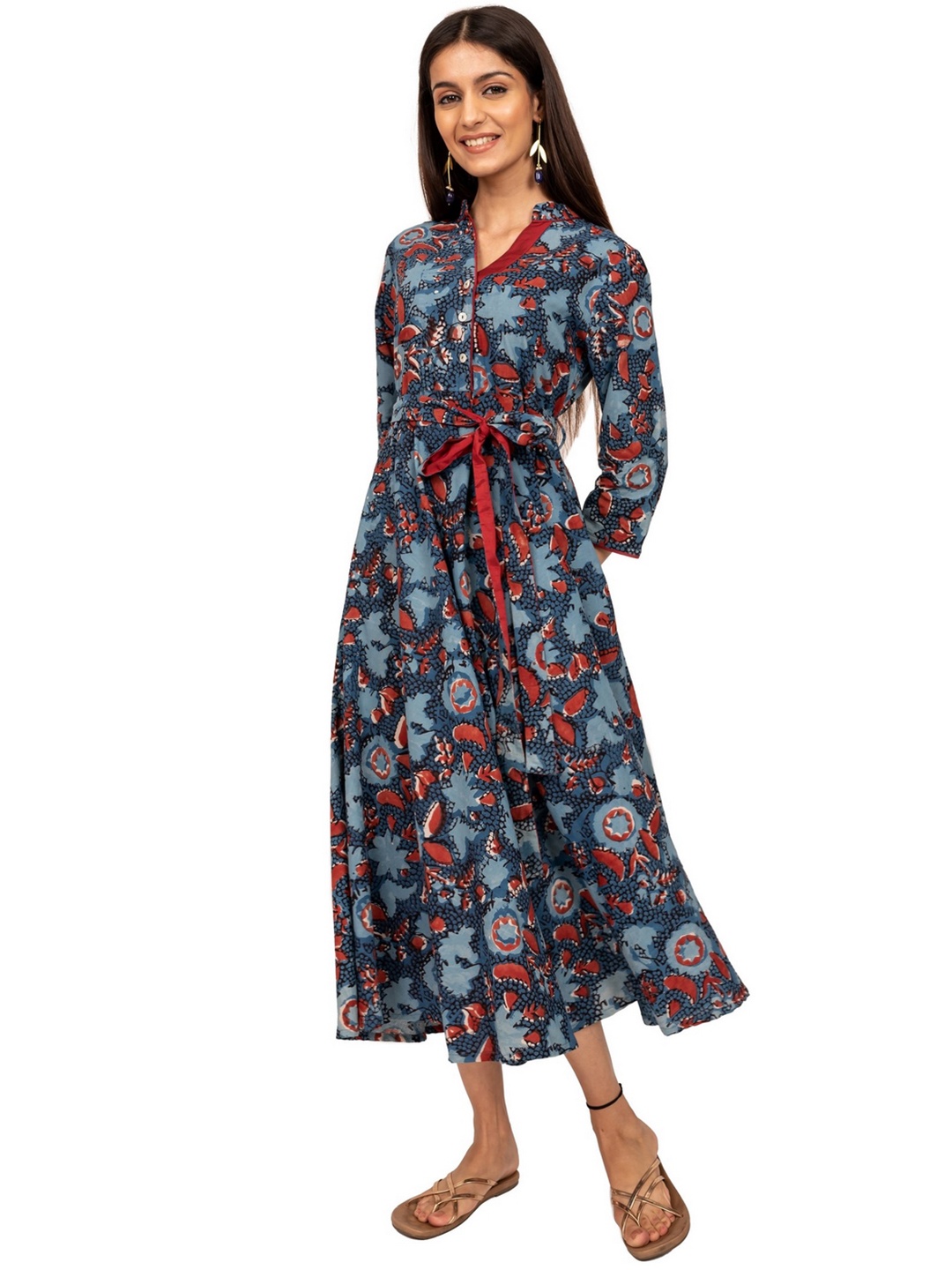 

INDIE JHOLA Floral Printed Mandarin Collar Belted Cotton Fit & Flare Dress, Blue