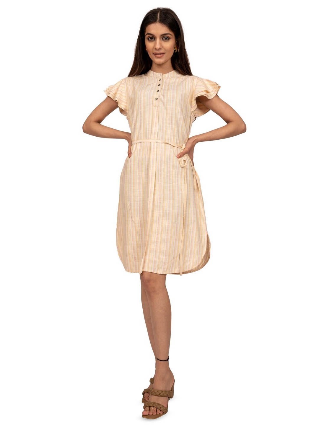 

INDIE JHOLA Striped Mandarin Collar Flared Sleeves Pure Cotton A-Line Dress With Belt, Yellow