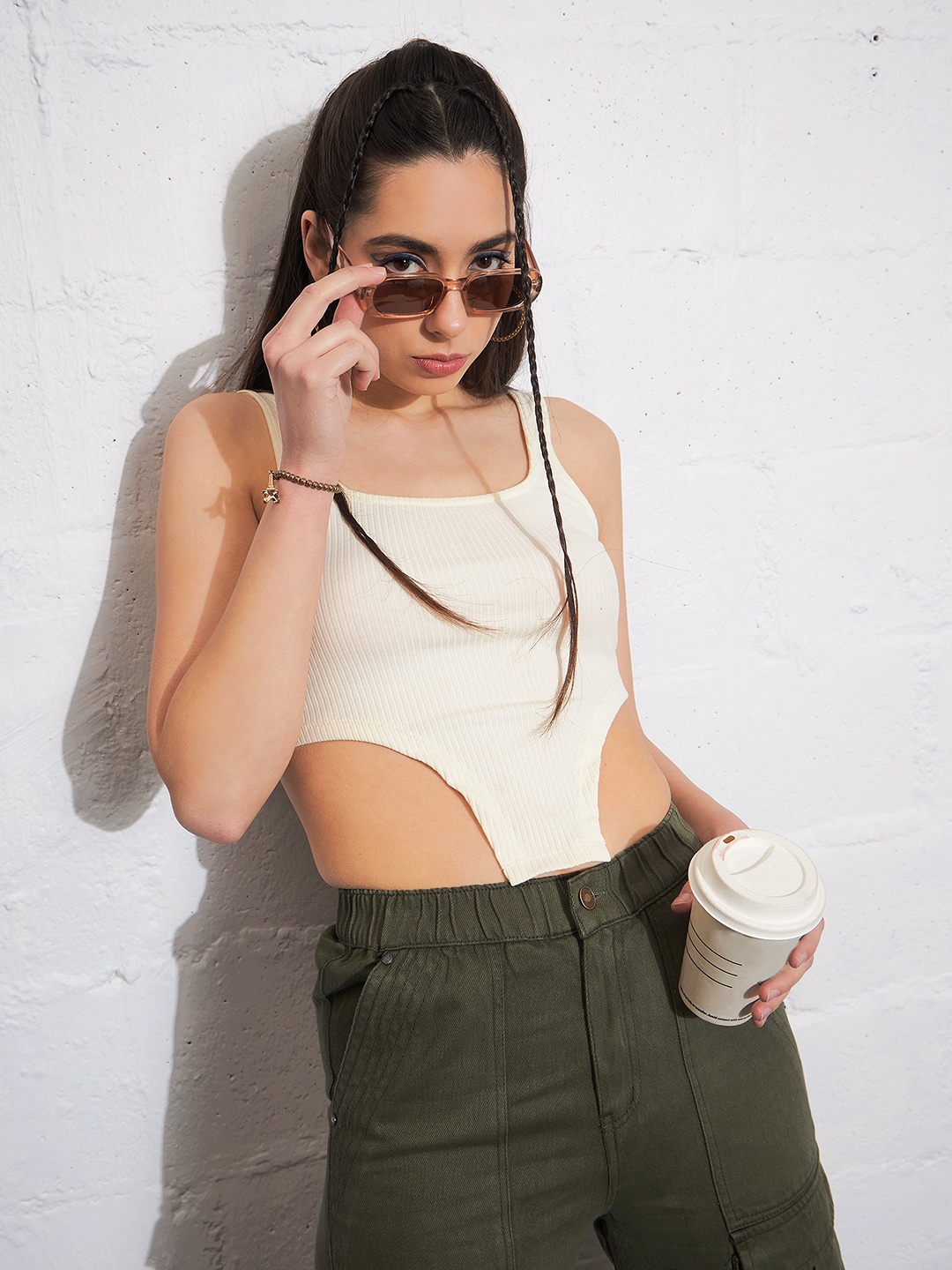 

SASSAFRAS Off White Cut Out Cotton Crop Fitted Top