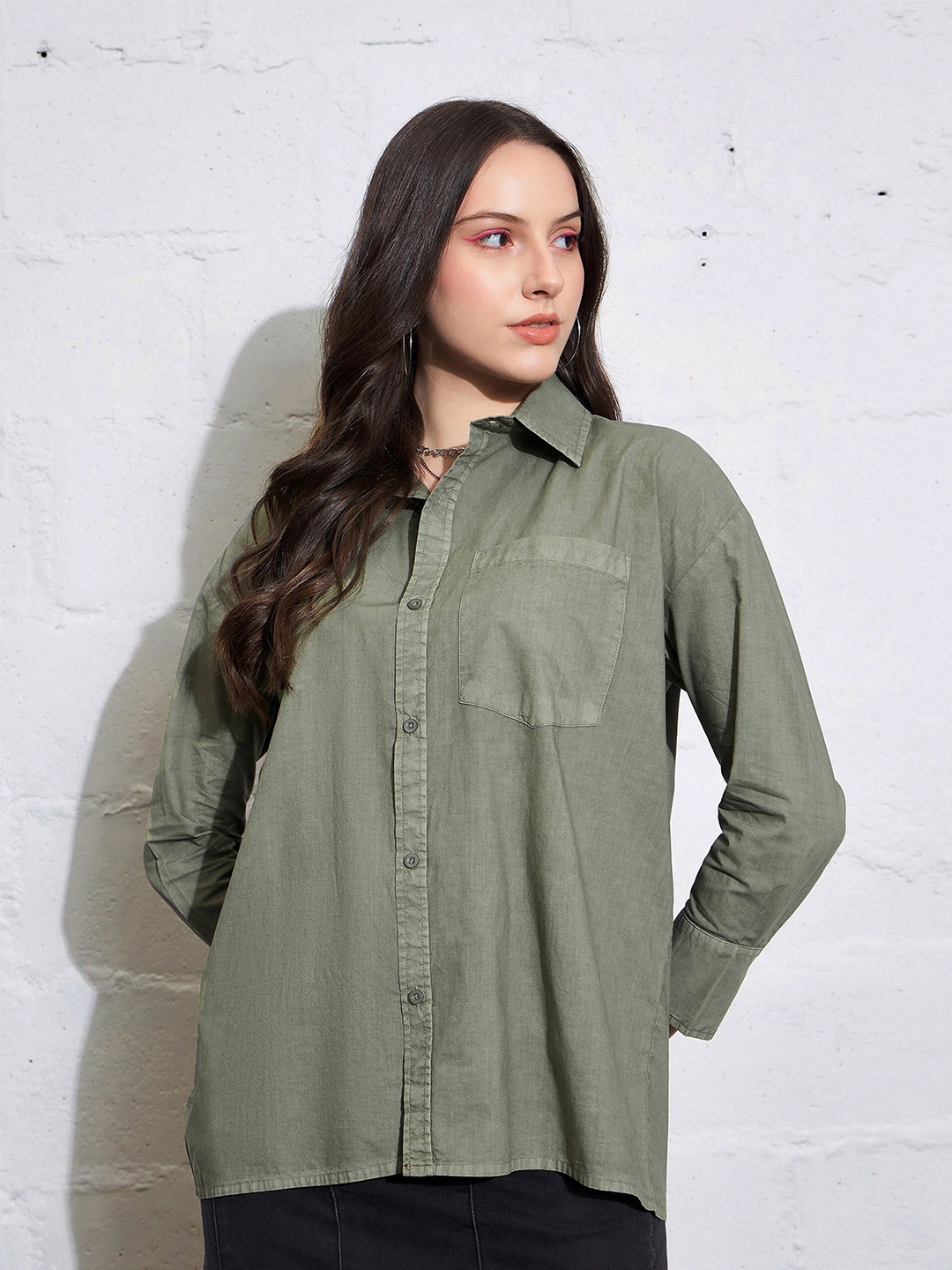 

SASSAFRAS Chambray Weave Oversized Pure Cotton Casual Shirt, Olive