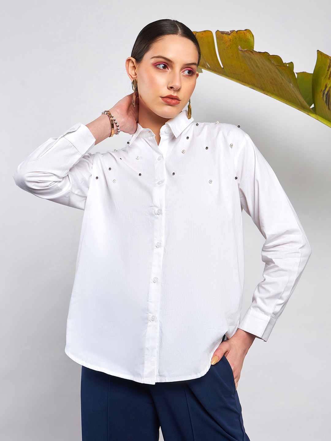 

SASSAFRAS White Embellished Pure Cotton Casual Shirt