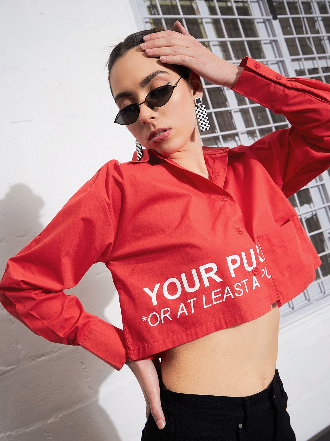 

SASSAFRAS Red Typography Printed Crop Shirt
