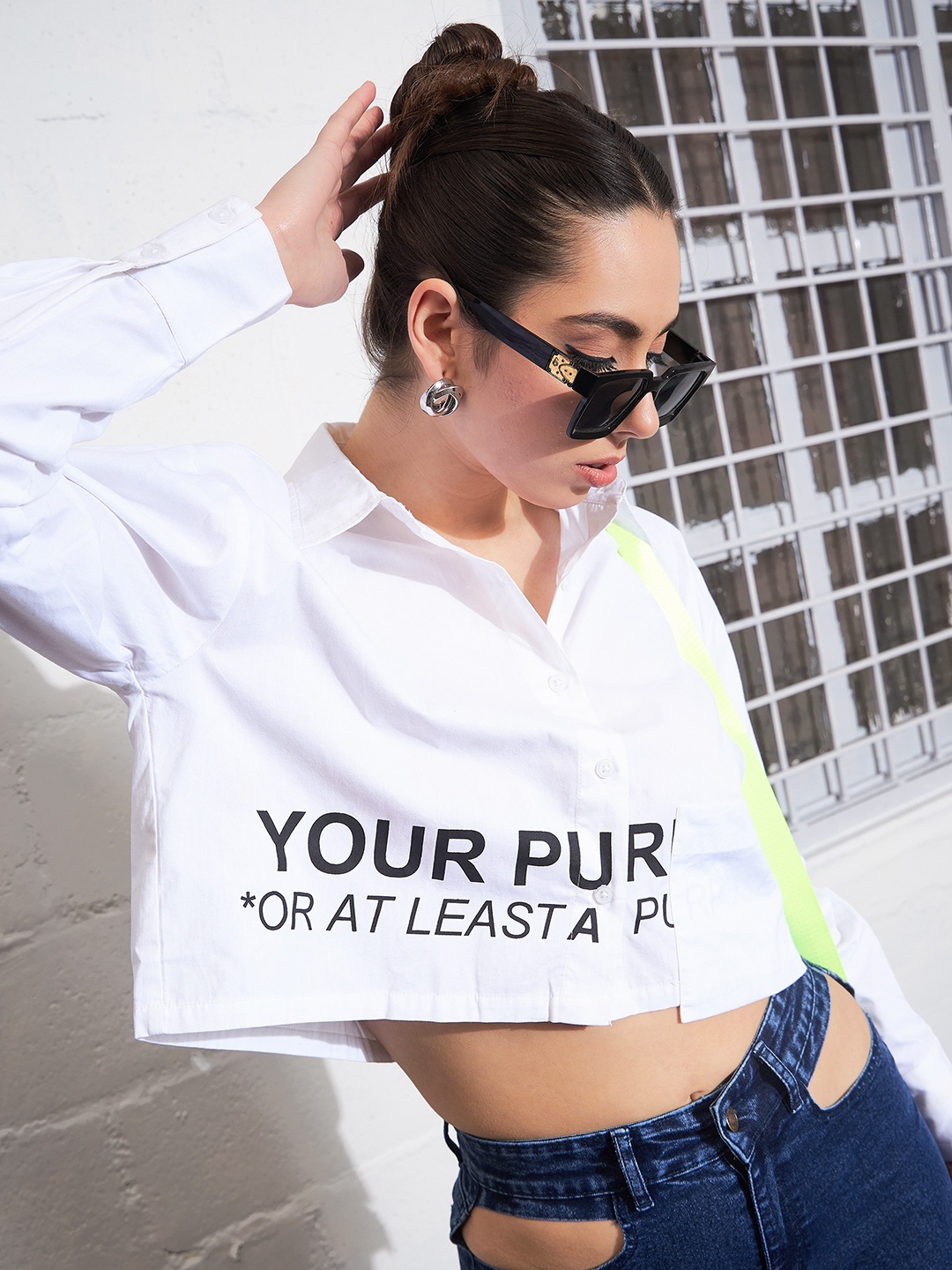 

SASSAFRAS White Typography Printed Pure Cotton Crop Casual Shirt