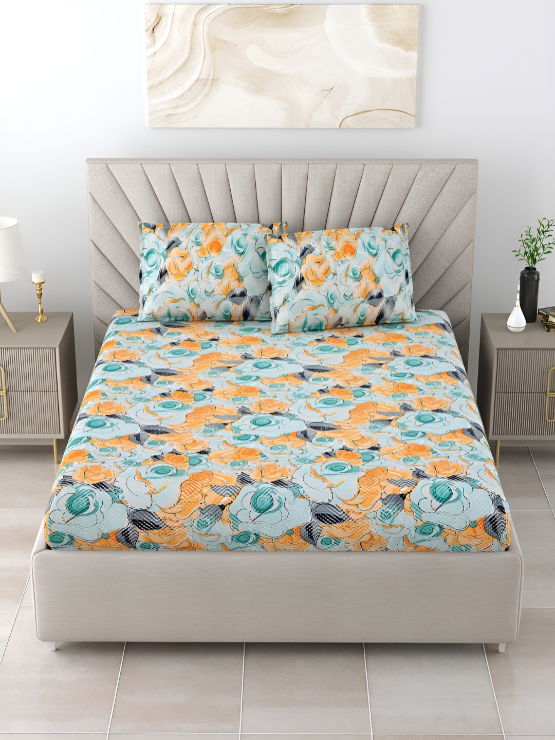 

BOMBAY DYEING Yellow & Green Floral 120 TC Queen Bedsheet With 2 Pillow Covers