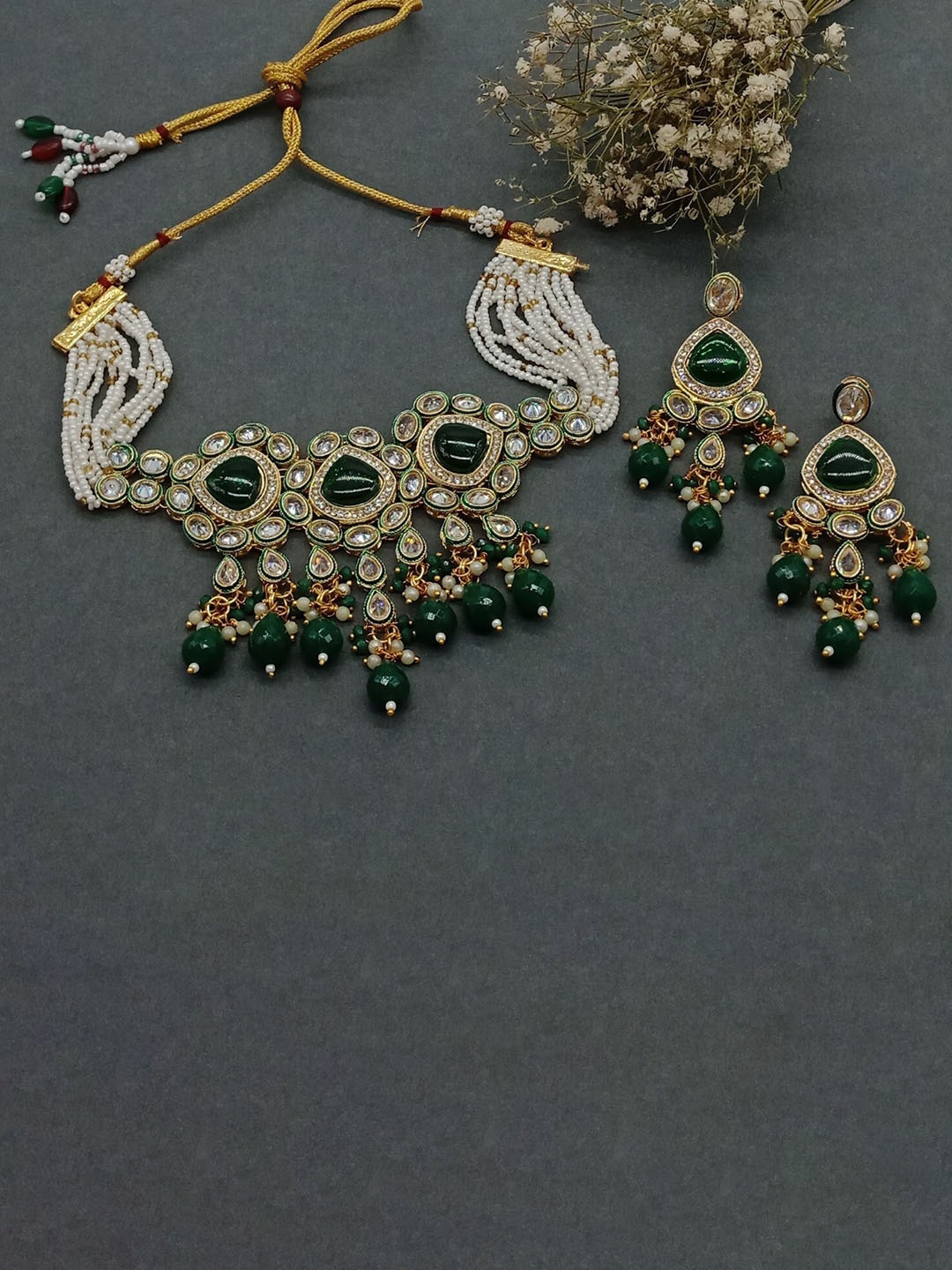 

AASHISH IMITATION Gold-Plated American Diamond-Studded & Beaded Jewellery Set