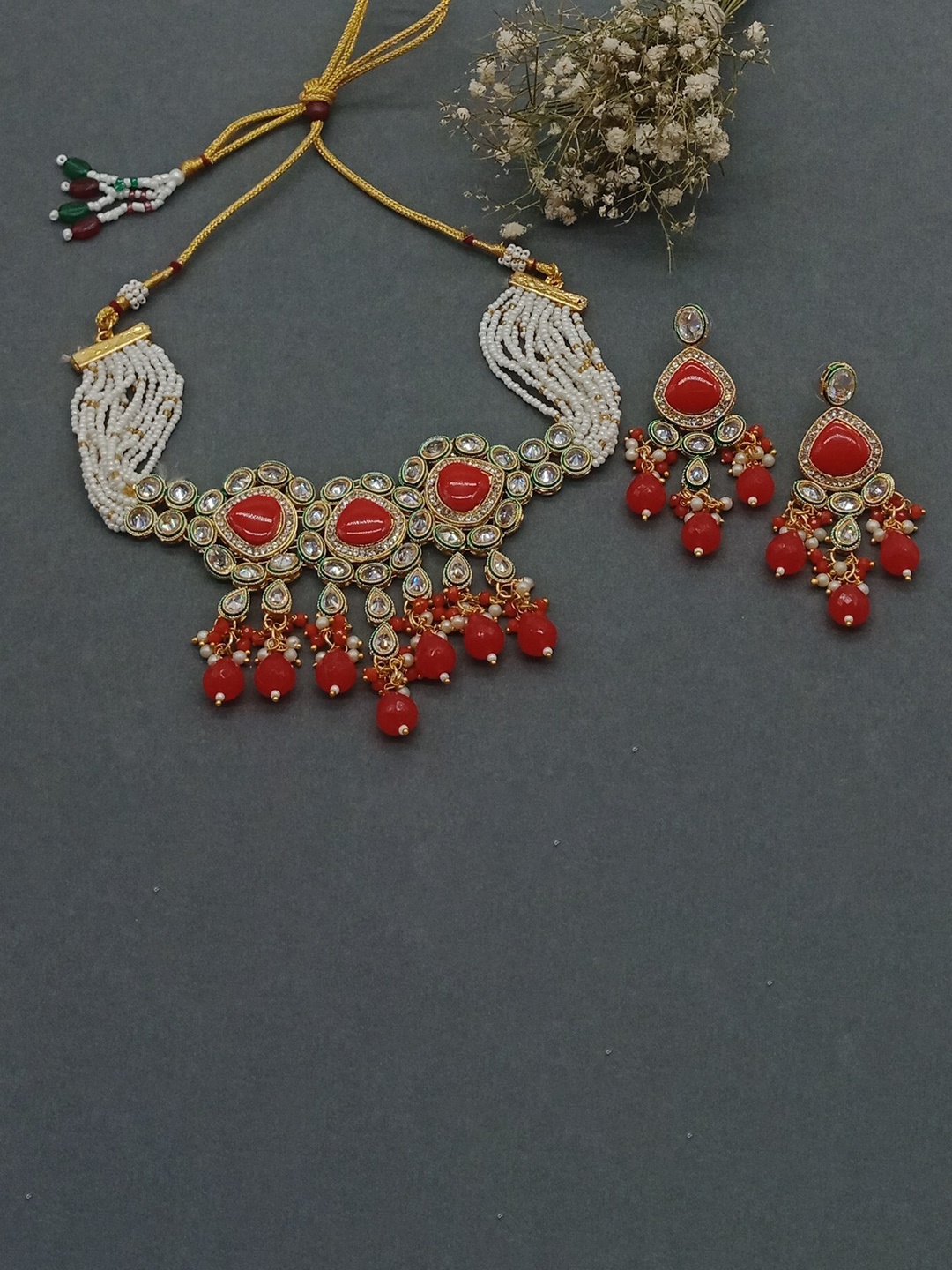 

AASHISH IMITATION Gold-Plated American Diamond-Studded & Beaded Jewellery Set