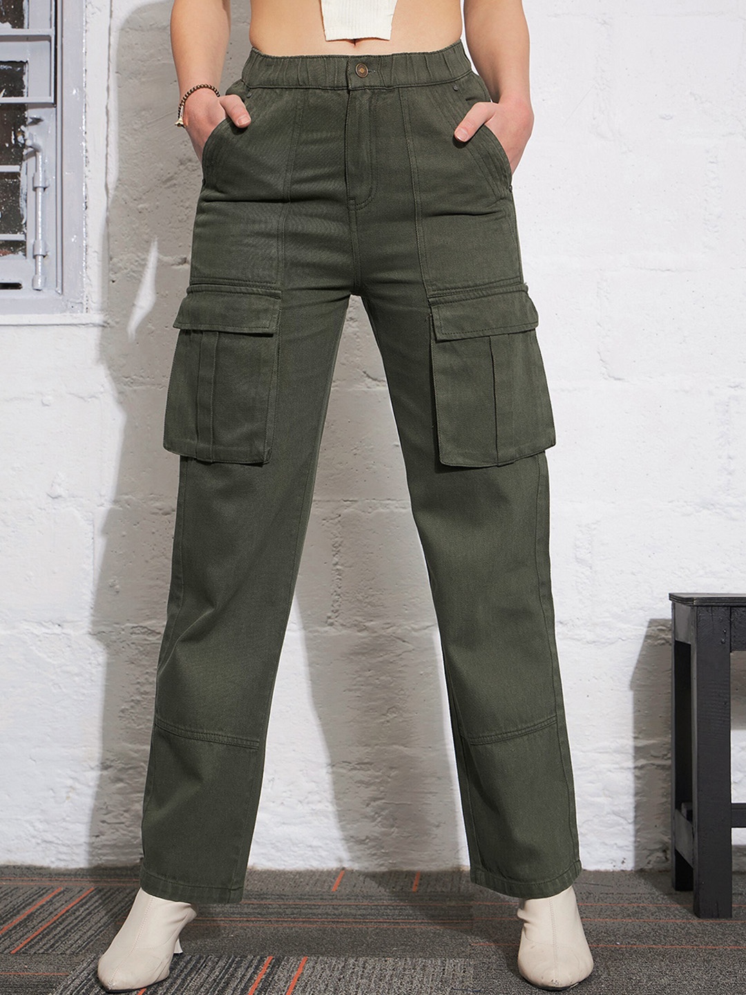 

SASSAFRAS Women Straight Fit High-Rise Clean Look Pure Cotton Jeans, Olive