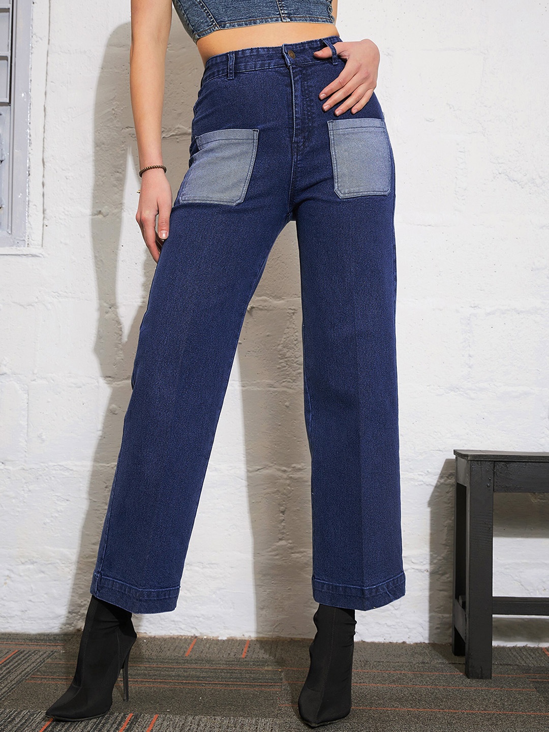 

SASSAFRAS Women Straight Fit High-Rise Clean Look Stretchable Jeans, Blue