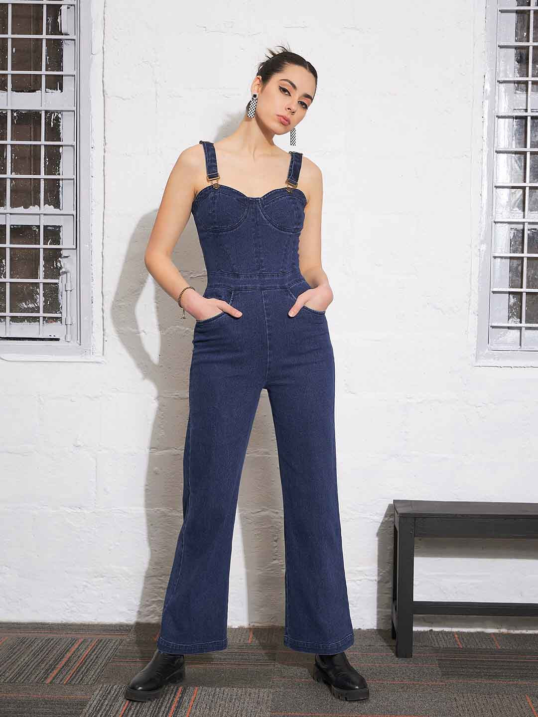 

SASSAFRAS Navy Blue Sweetheart Neck Denim Basic Jumpsuit