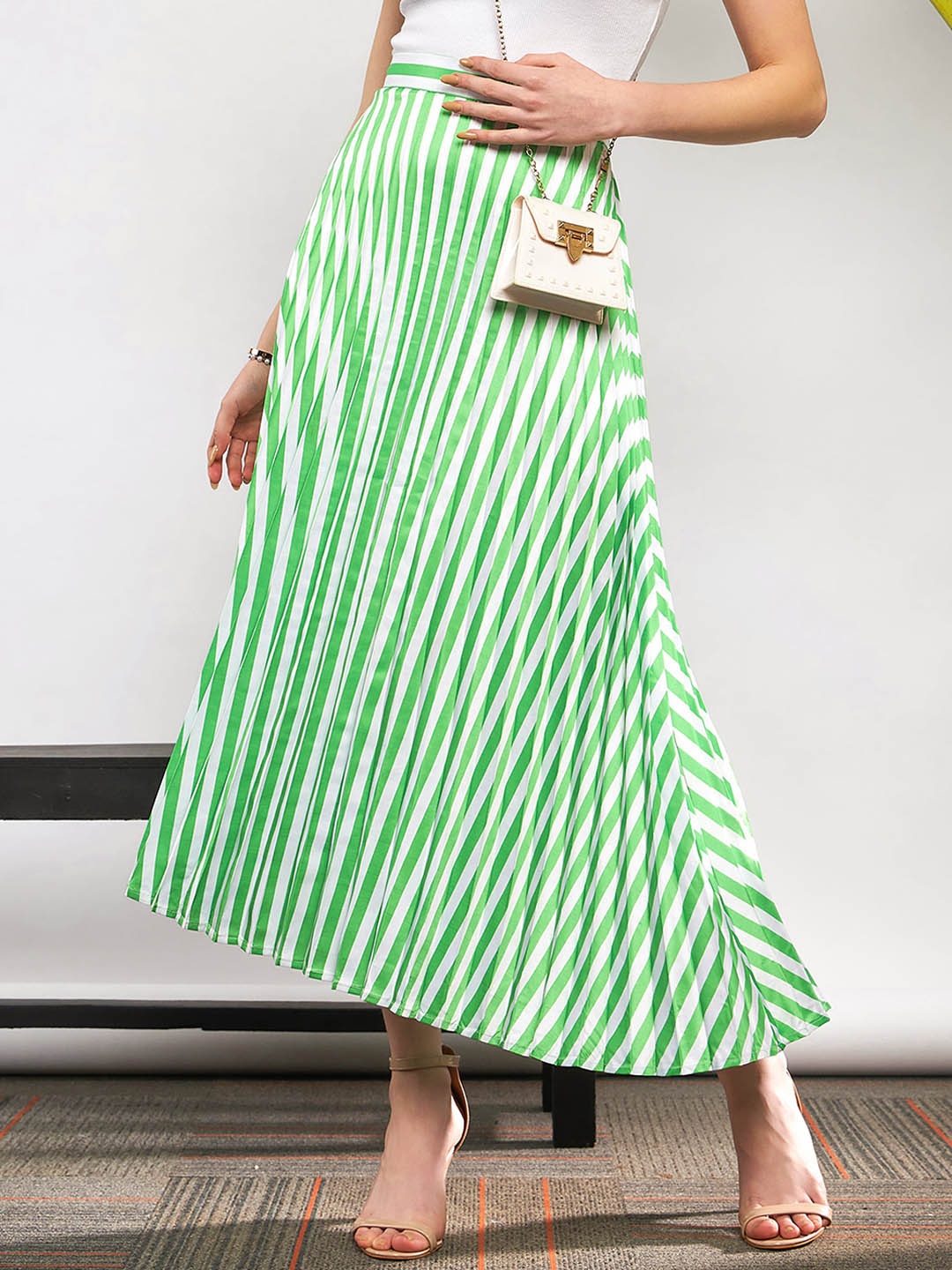 

SASSAFRAS Striped Accordion Pleated Maxi Flared Skirt, Green