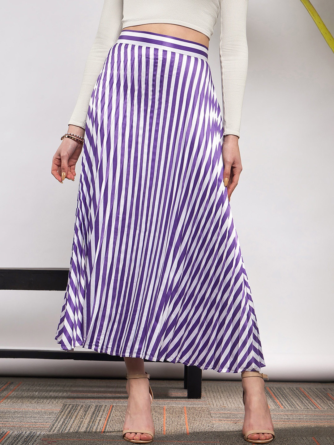 

SASSAFRAS Striped Satin Accordion Pleated Maxi Flared Skirt, Purple