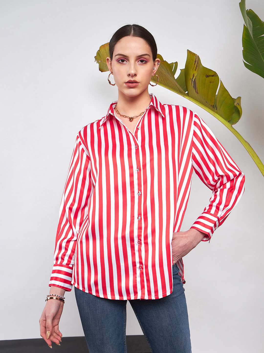 

SASSAFRAS Red Vertical Striped Oversized Satin Casual Shirt