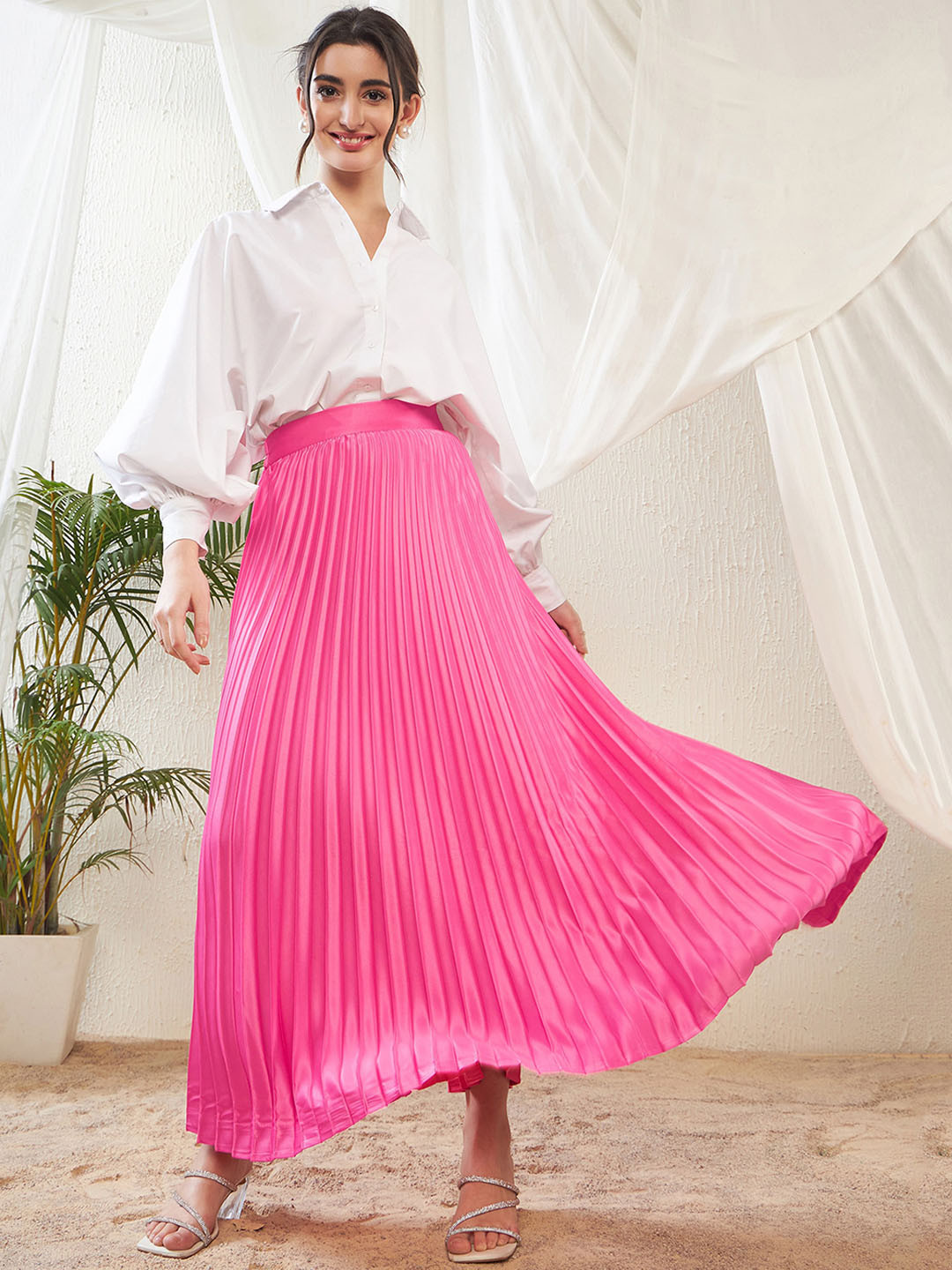 

SASSAFRAS Accordion Pleated Maxi Flared Skirt, Pink