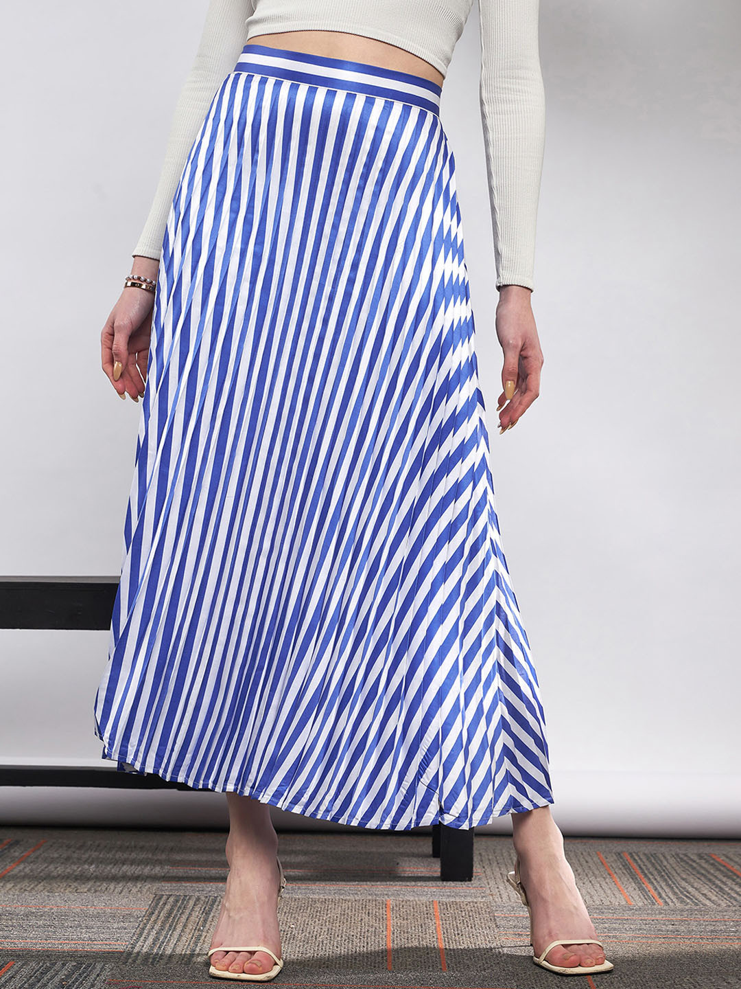 

SASSAFRAS Blue Striped Accordion Pleated Maxi Flared Skirt
